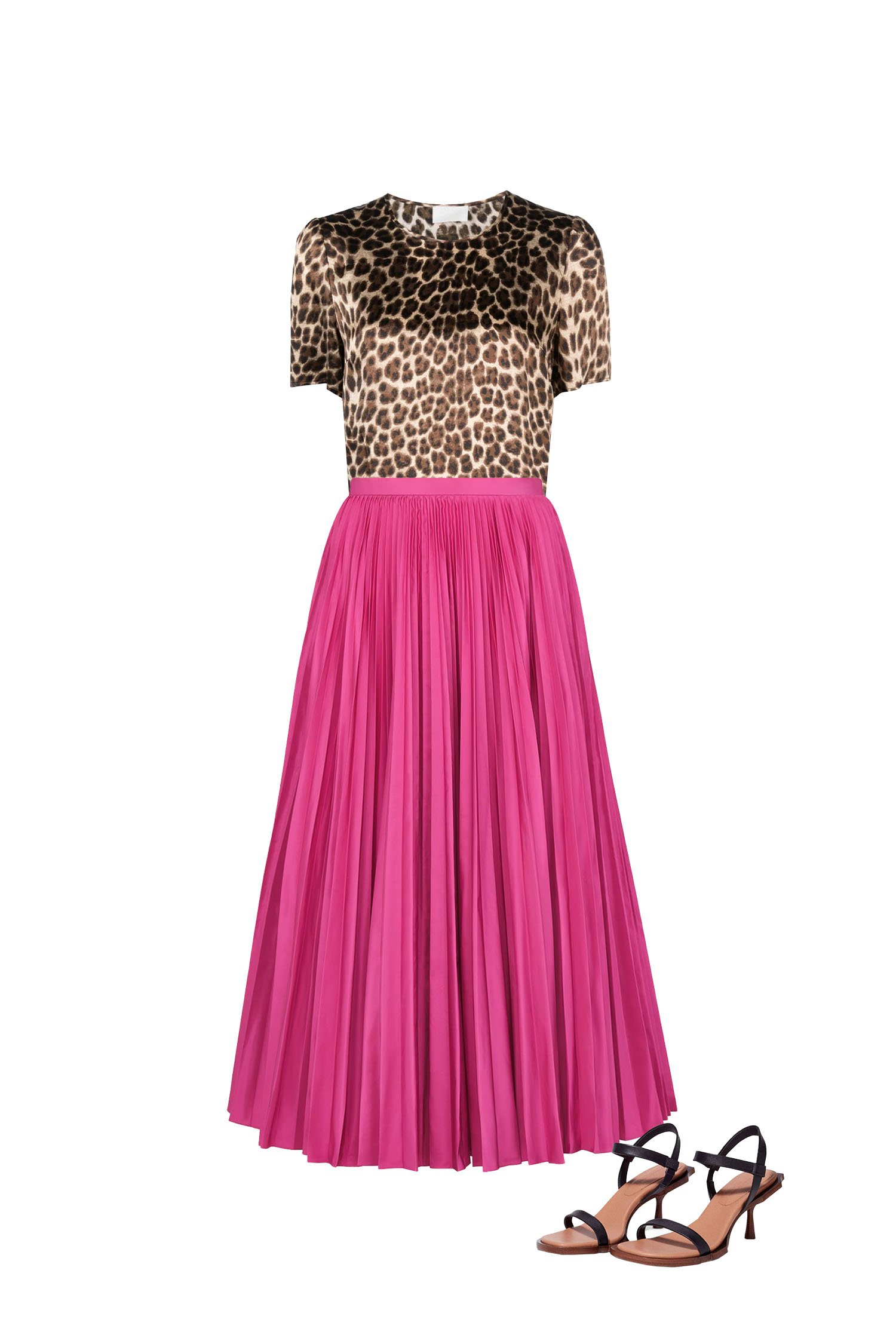 Hot Pink Pleated Skirt with Camel Leopard Print Top Outfit