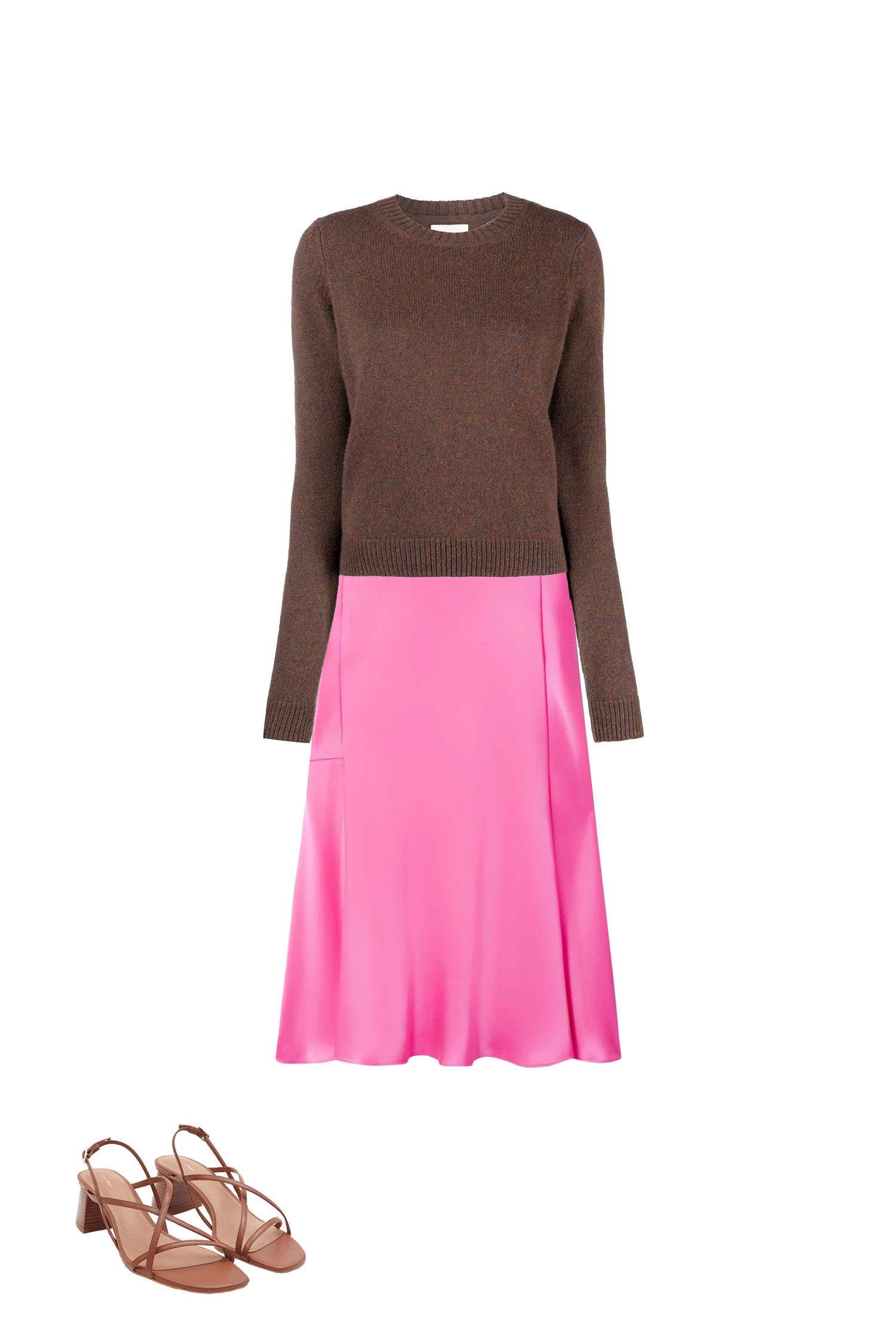 Hot Pink Satin Skirt with Brown Crewneck Sweater Outfit