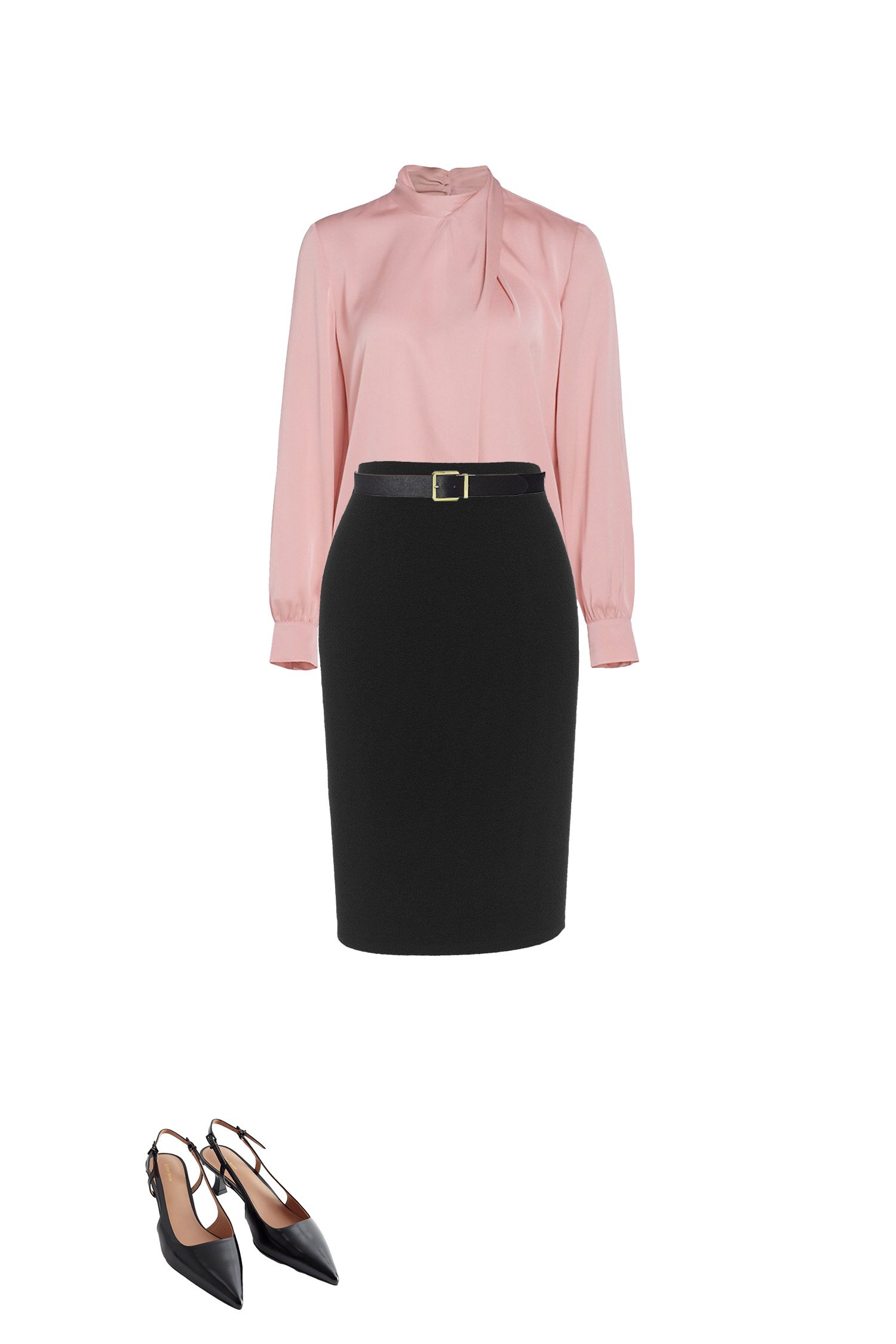 Black Pencil Skirt Outfit with Pink Satin Blouse, Black Belt and Black Pointy Toe Sling-backs