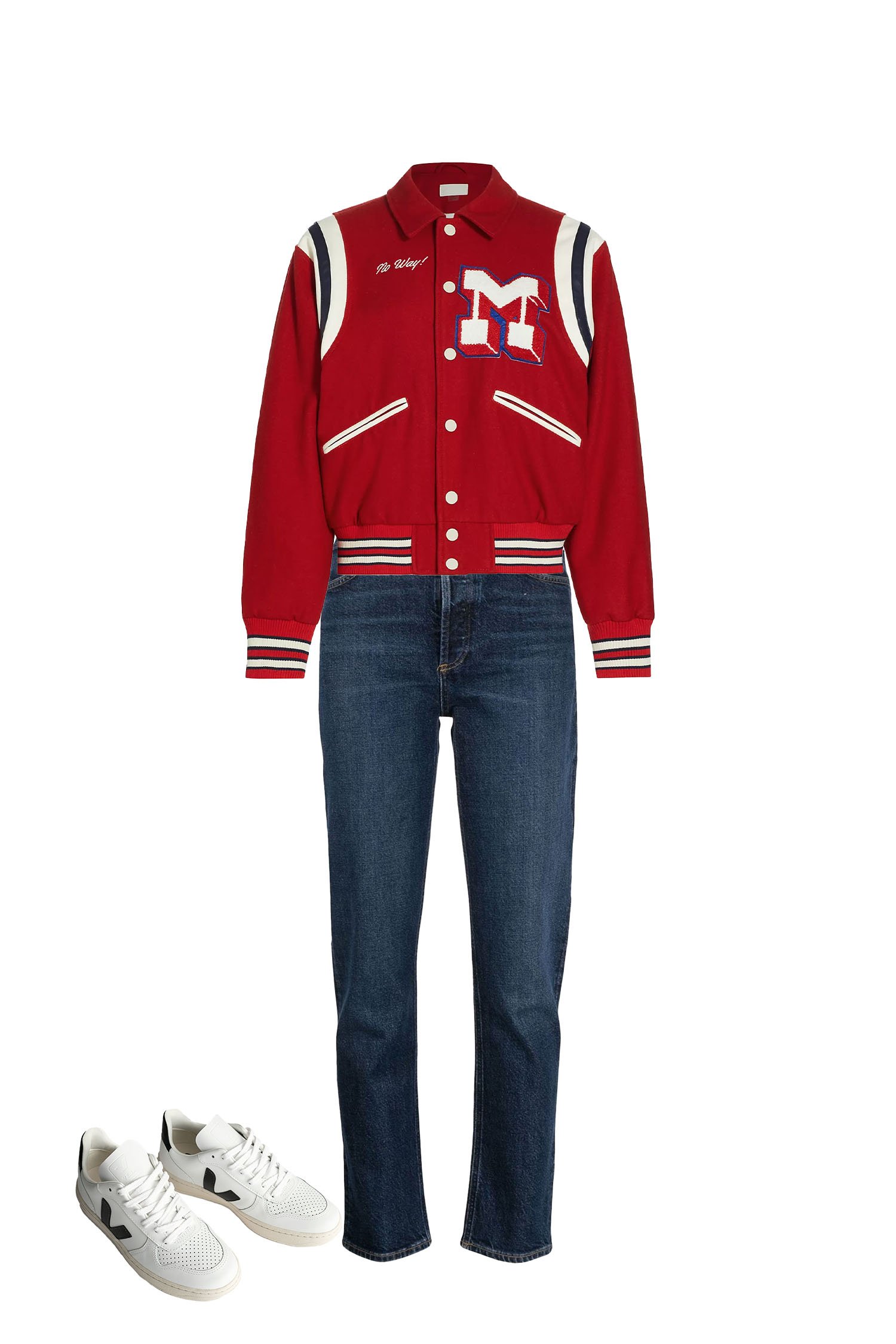 High Rise Straight Leg Jeans - Red Varsity Jacket - White Sneakers