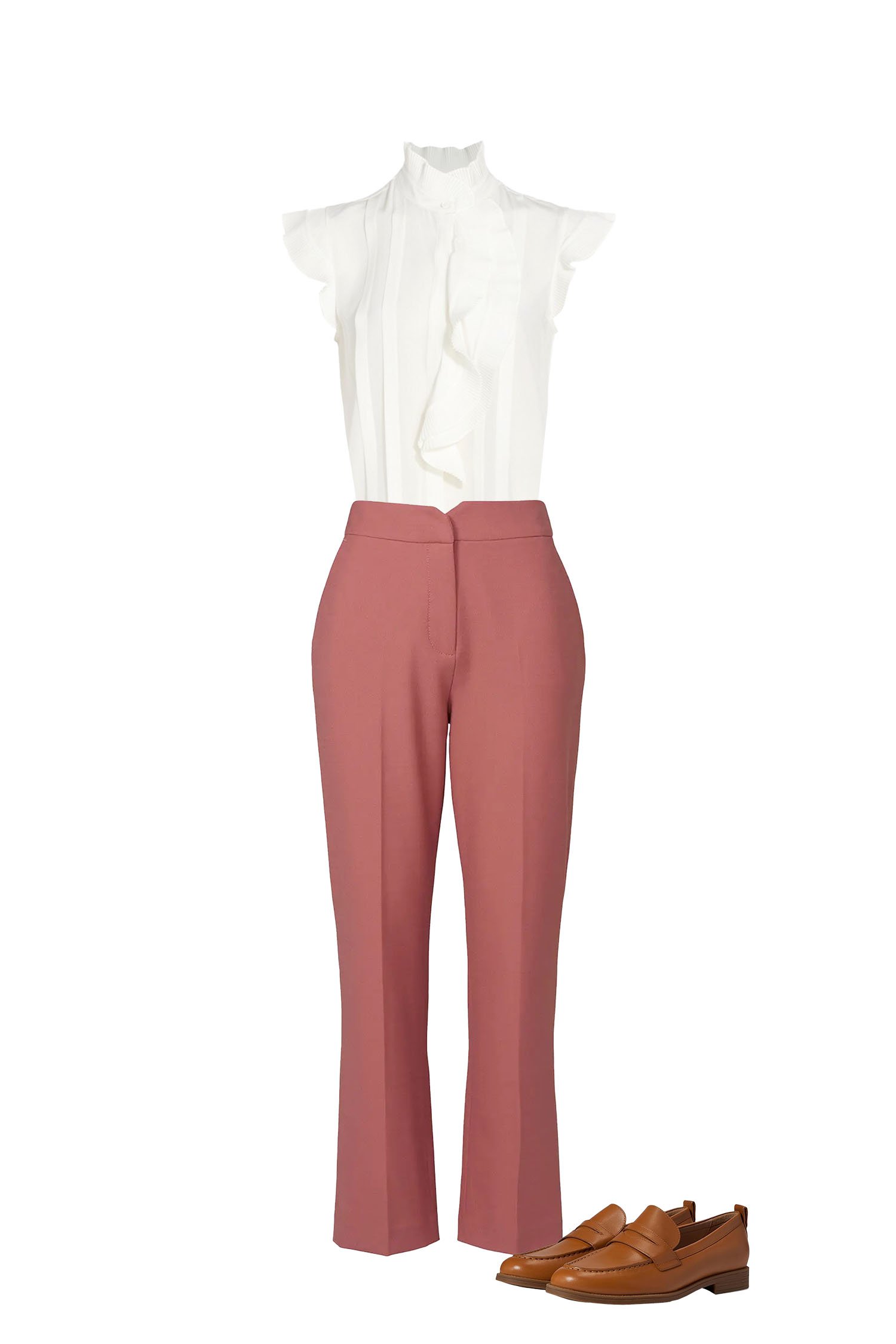 Spring Work Outfit - Rose Pink Ankle Pants, White Sleeveless Mock Neck Ruffle Blouse, Brown Loafers