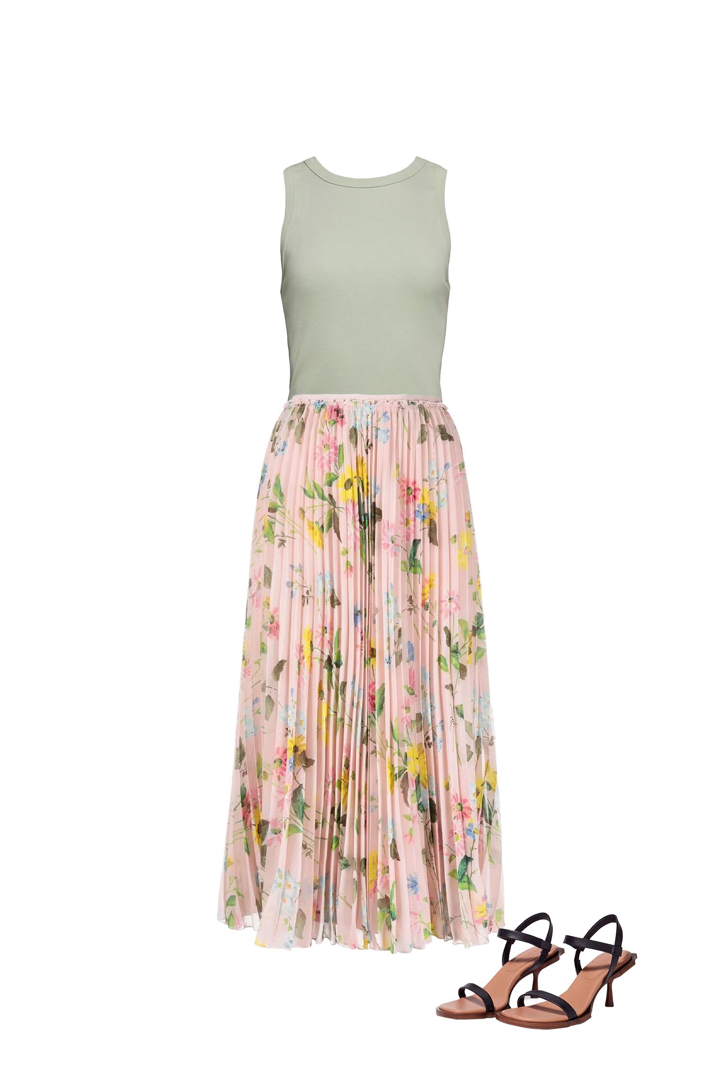 Pink Floral Pleated Skirt with Sage Green Sleeveless Top Outfit