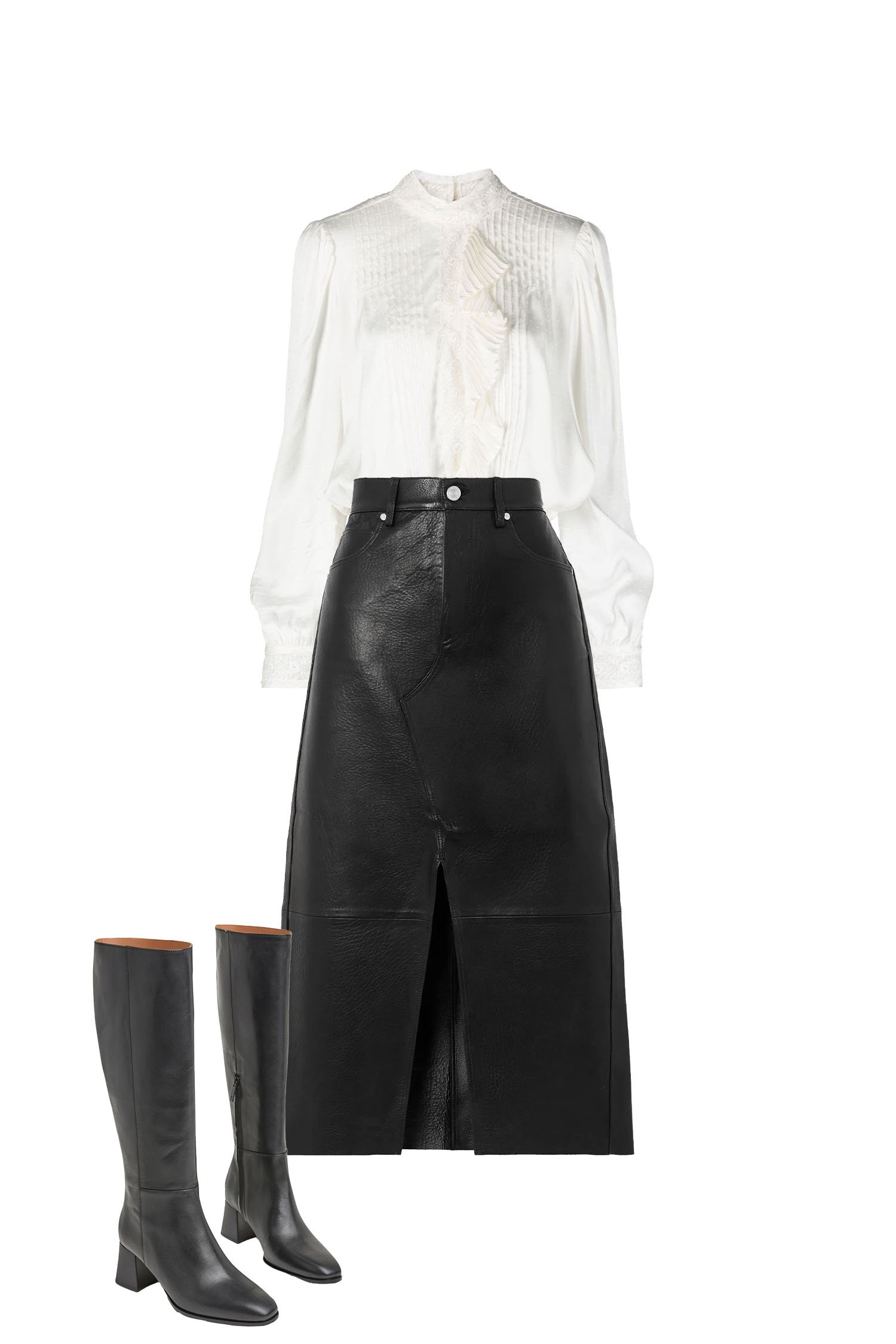 Black Leather Midi Skirt Outfit with White Ruffle and Lace Blouse, and Black Knee High Boots