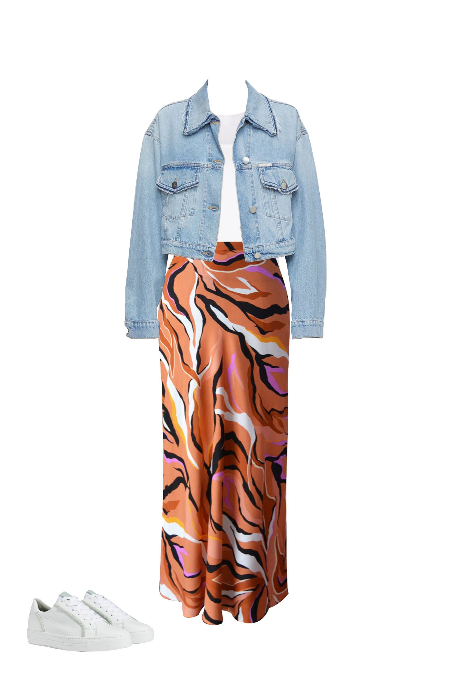 Multi-Color Tiger Print Maxi Skirt with a White Tank Top, Light Blue Denim Jacket and All-White Sneakers