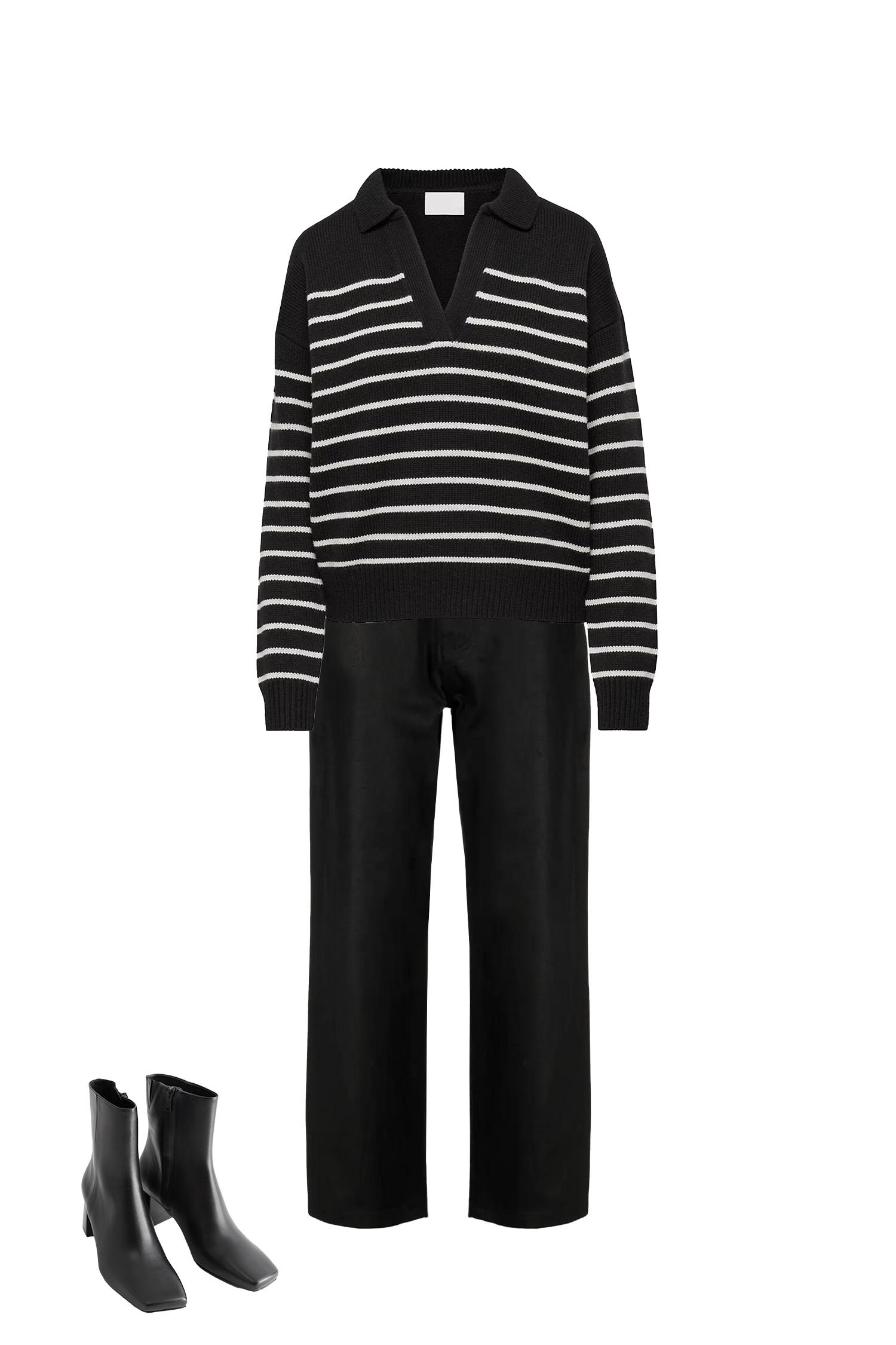Chic and Cozy Jeans and Sweater - Black Straight Wide-Leg Crop Jeans, Black Collared White Stripe Sweater, Black Square-Toe Ankle Boots