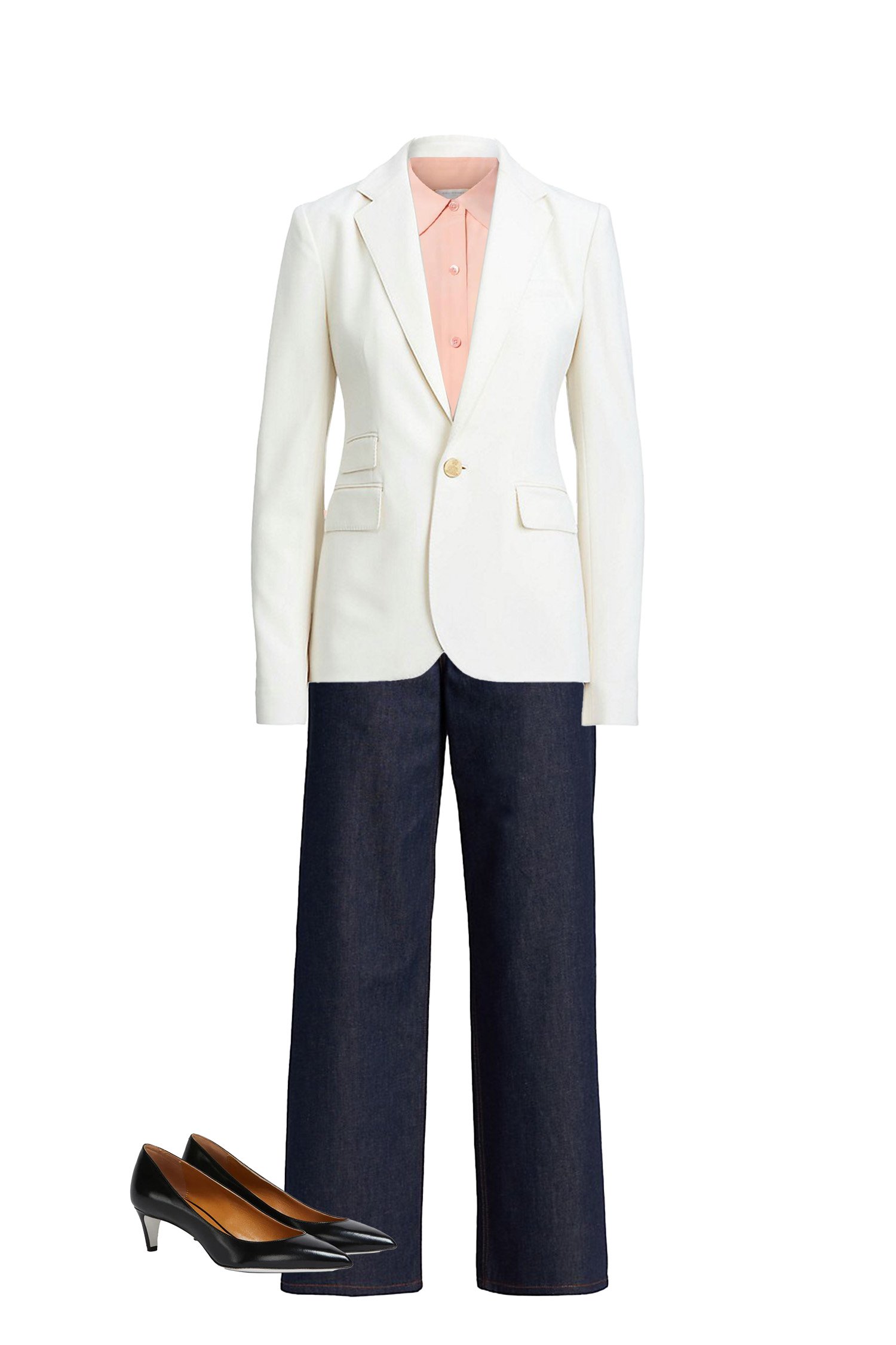 Dark Wash Baggy Jeans with Pink Silk Shirt and White Blazer