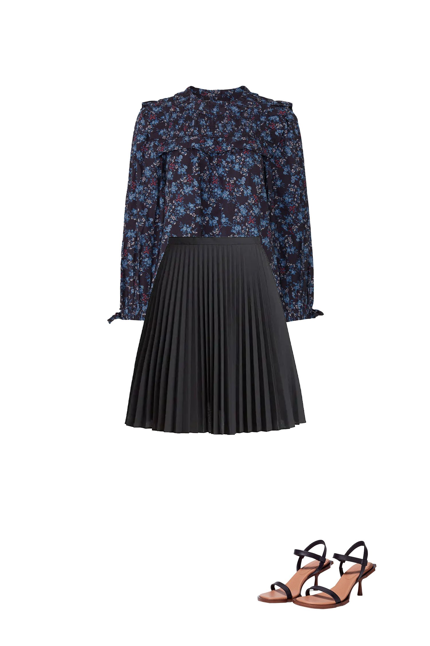 Black Pleated Short Skirt Outfit with Dark Blue Floral Print Blouse and Black Heeled Sandals