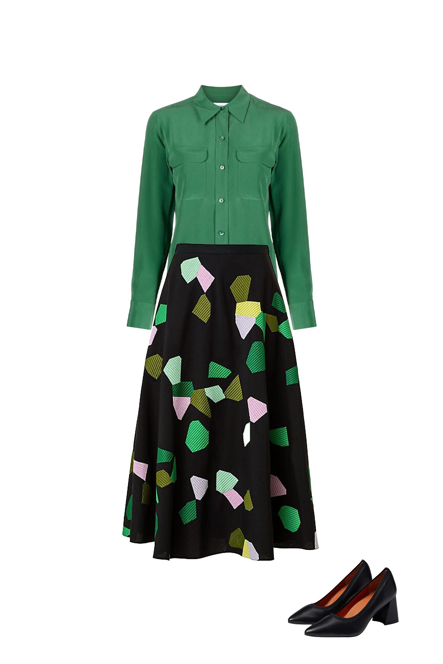 Business Casual Midi-Skirt Outfit - Black Multicolor Print Midi Skirt, Green Silk Shirt, Black Pumps