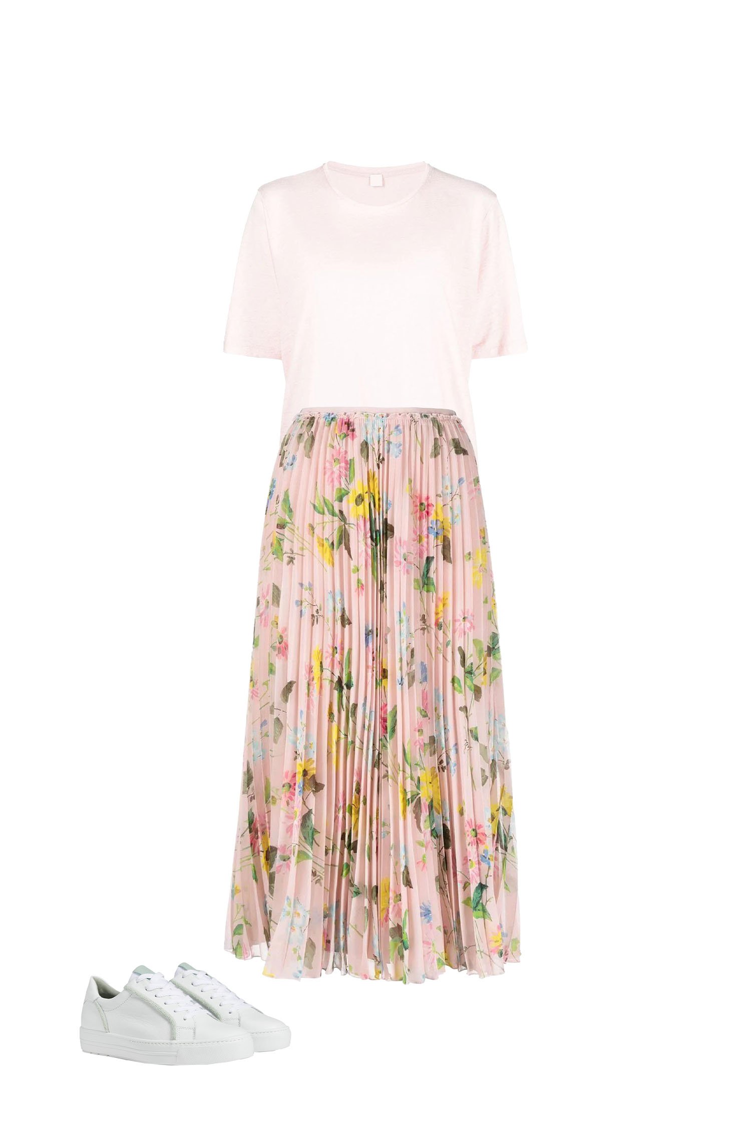 Pink Floral Pleated Skirt with Light Pink T-Shirt Outfit