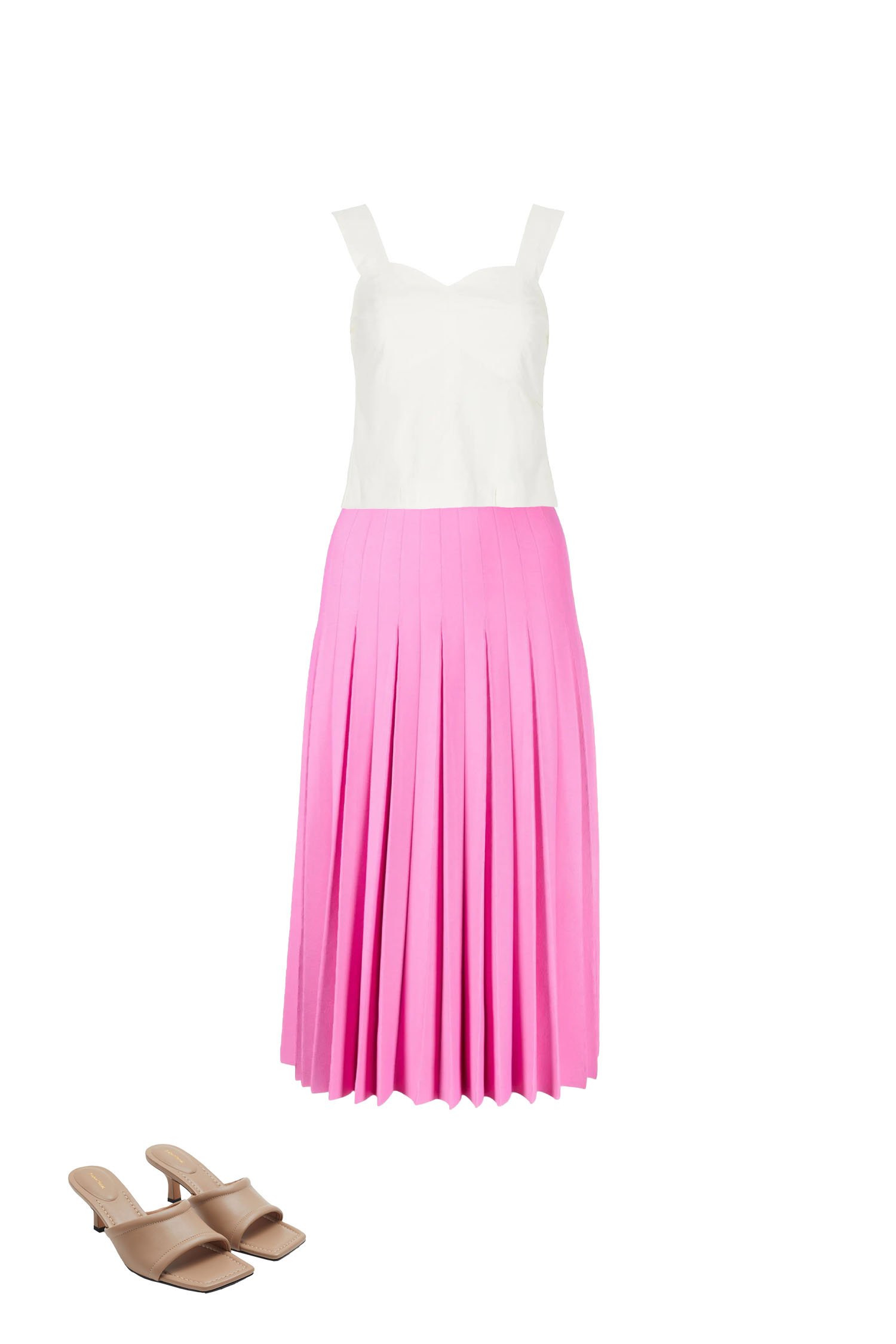 White Sweetheart Neckline Tank Top with Bubblegum Pink Pleated Skirt Outfit