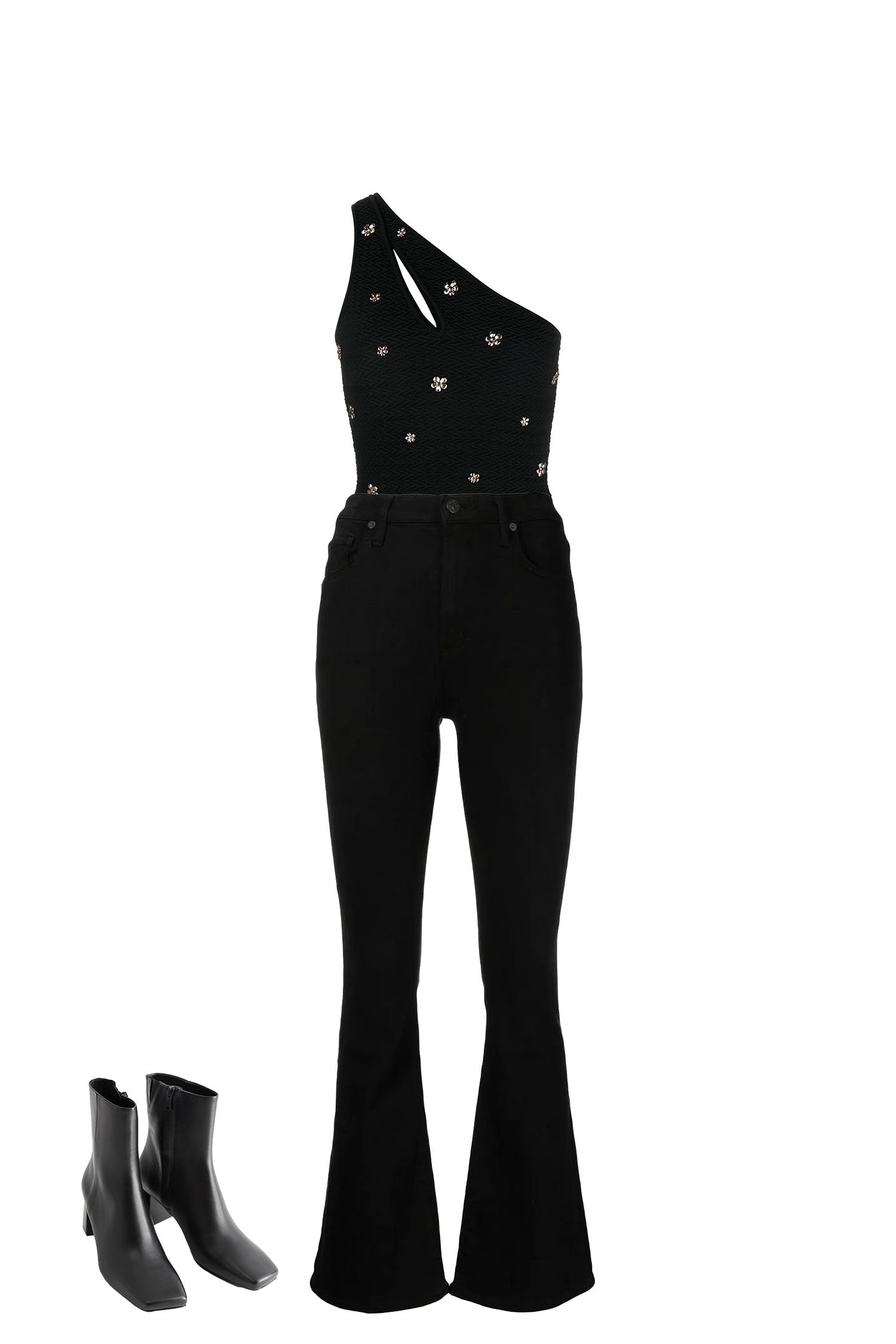 Pair Black Flare Jeans with a One-Shoulder Floral Sequin Top, and Square-Toe Ankle Boots