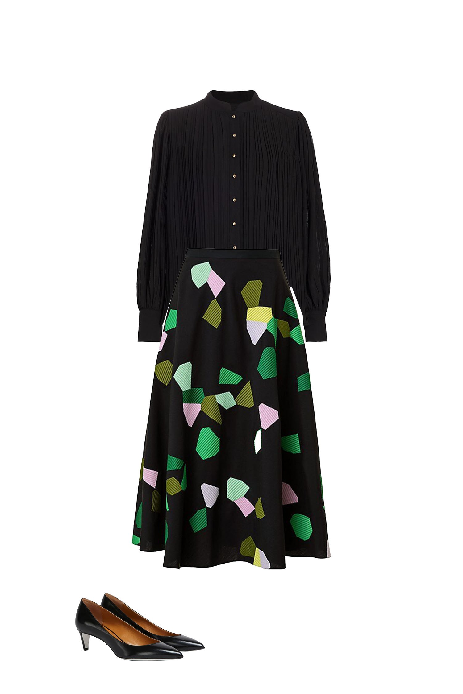 Business Casual Midi-Skirt Outfit - Black Multicolor Print Midi Skirt, Pleated Top, Black Pumps