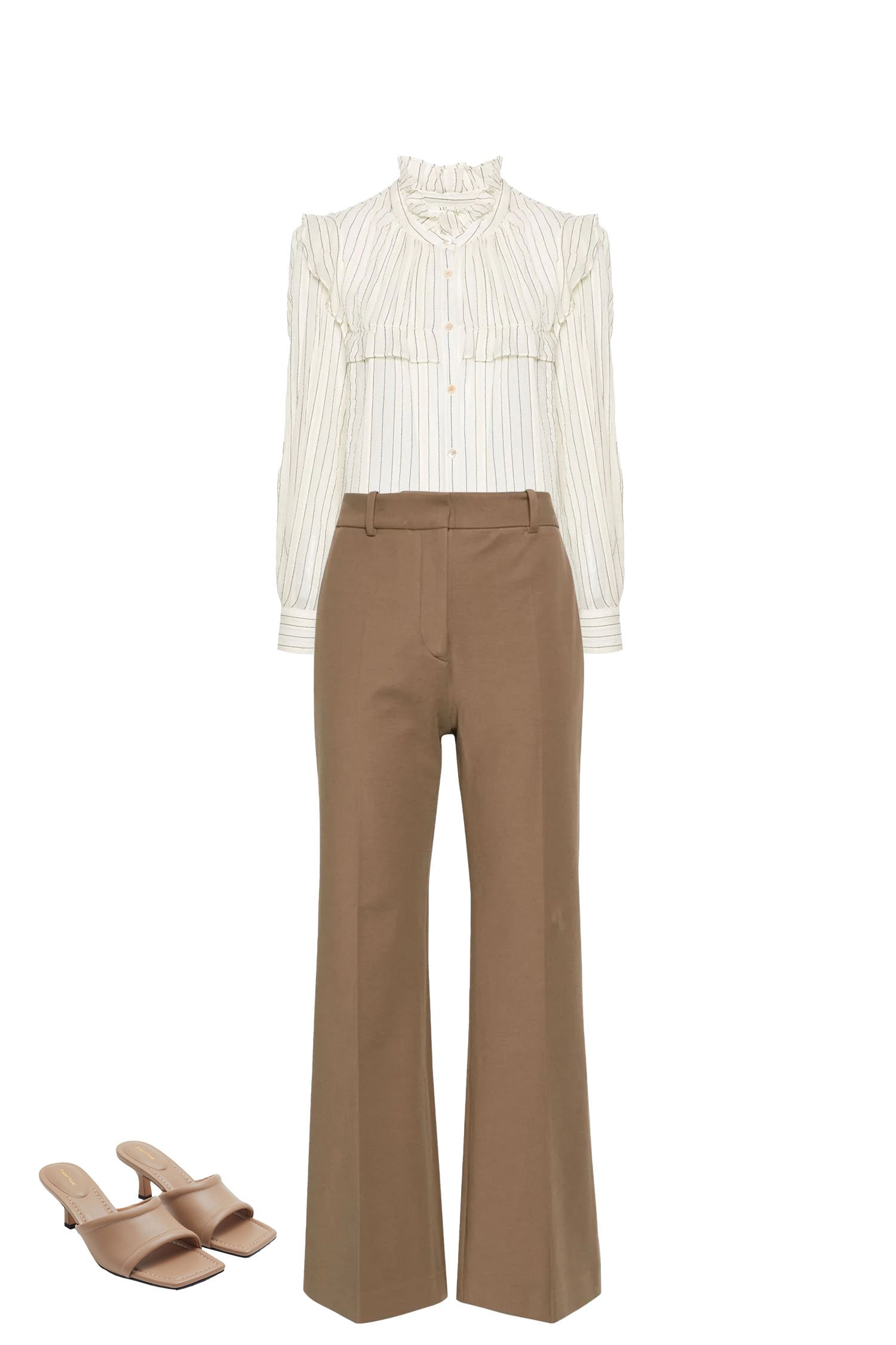 Brown Flare Pants Outfit with a Cream and Black Pinstripe Ruffle Blouse, and Beige Kitten Heel Sandals