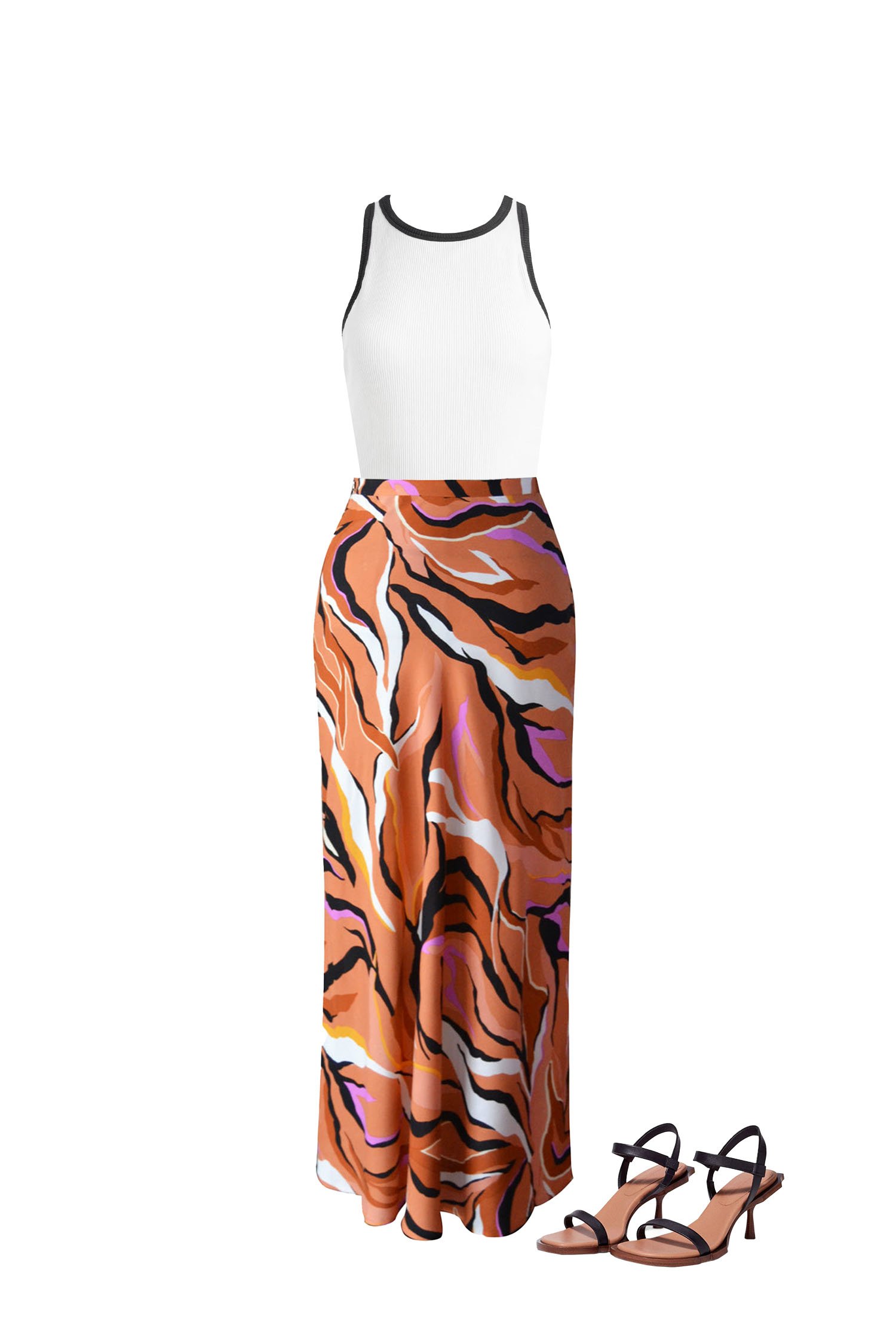 Multi-Color Tiger Print Maxi Skirt with a White Tank Top with Black Trim and Black Heeled Sandals
