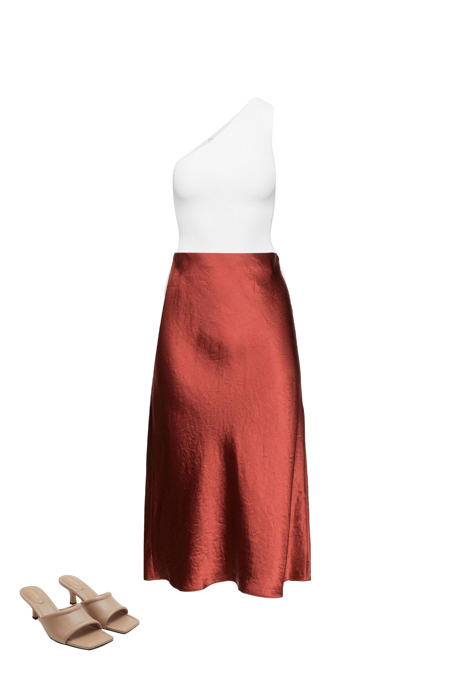 Rust Satin Skirt and White One-Shoulder Ribbed Top