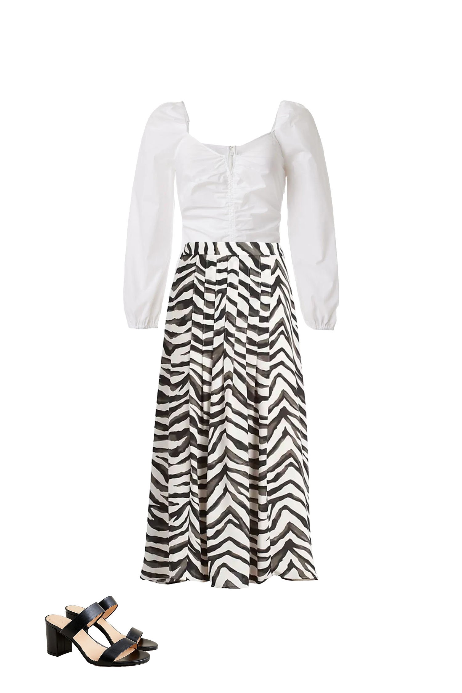 Zebra Print Midi Skirt Outfit with White Sweetheart Neckline Blouse and Black Block Heel Sandals