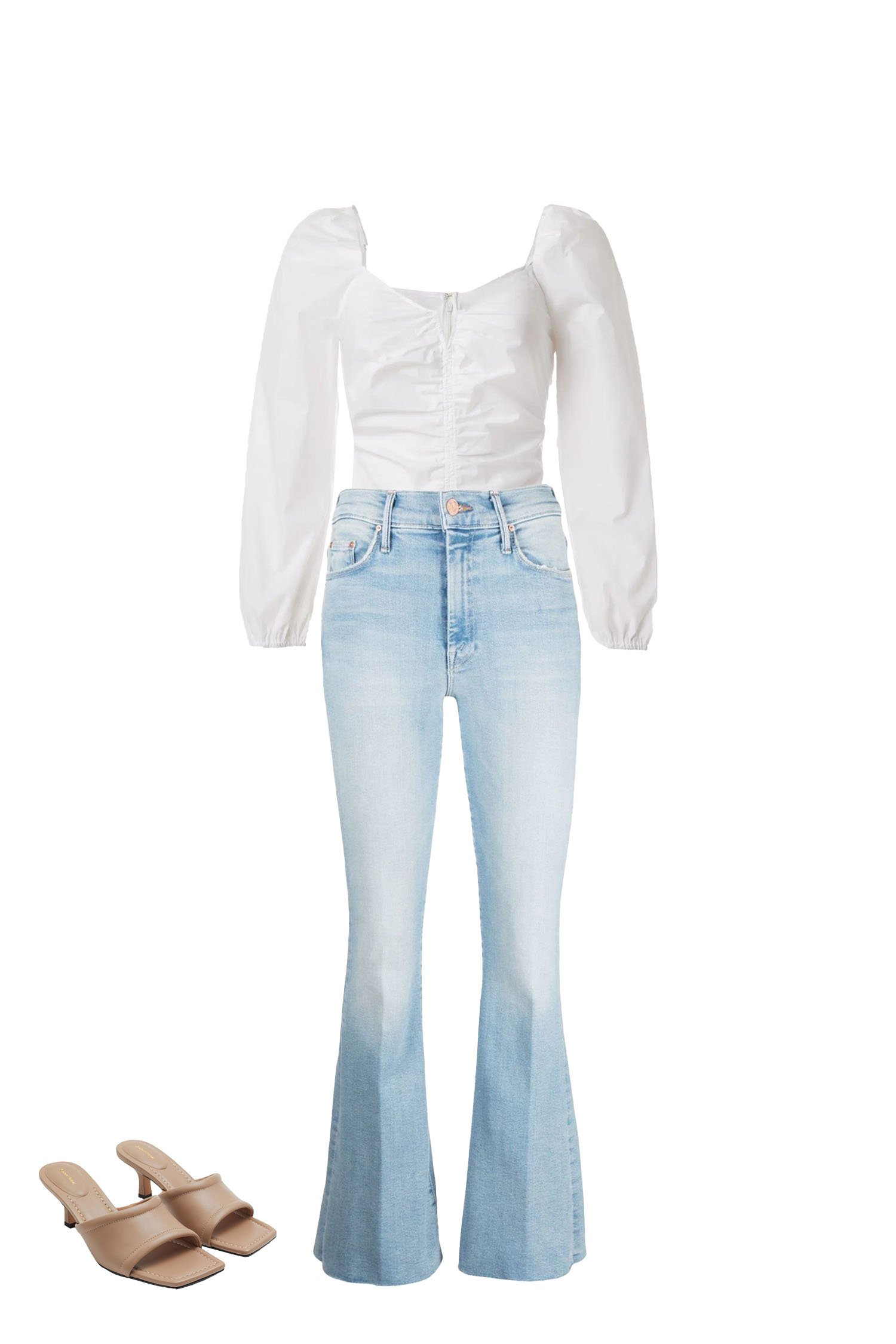 Pair Light Blue Flare Jeans with a White Sweetheart Neckline Blouse, and Beige Square Toe Kitten Heel Sandals