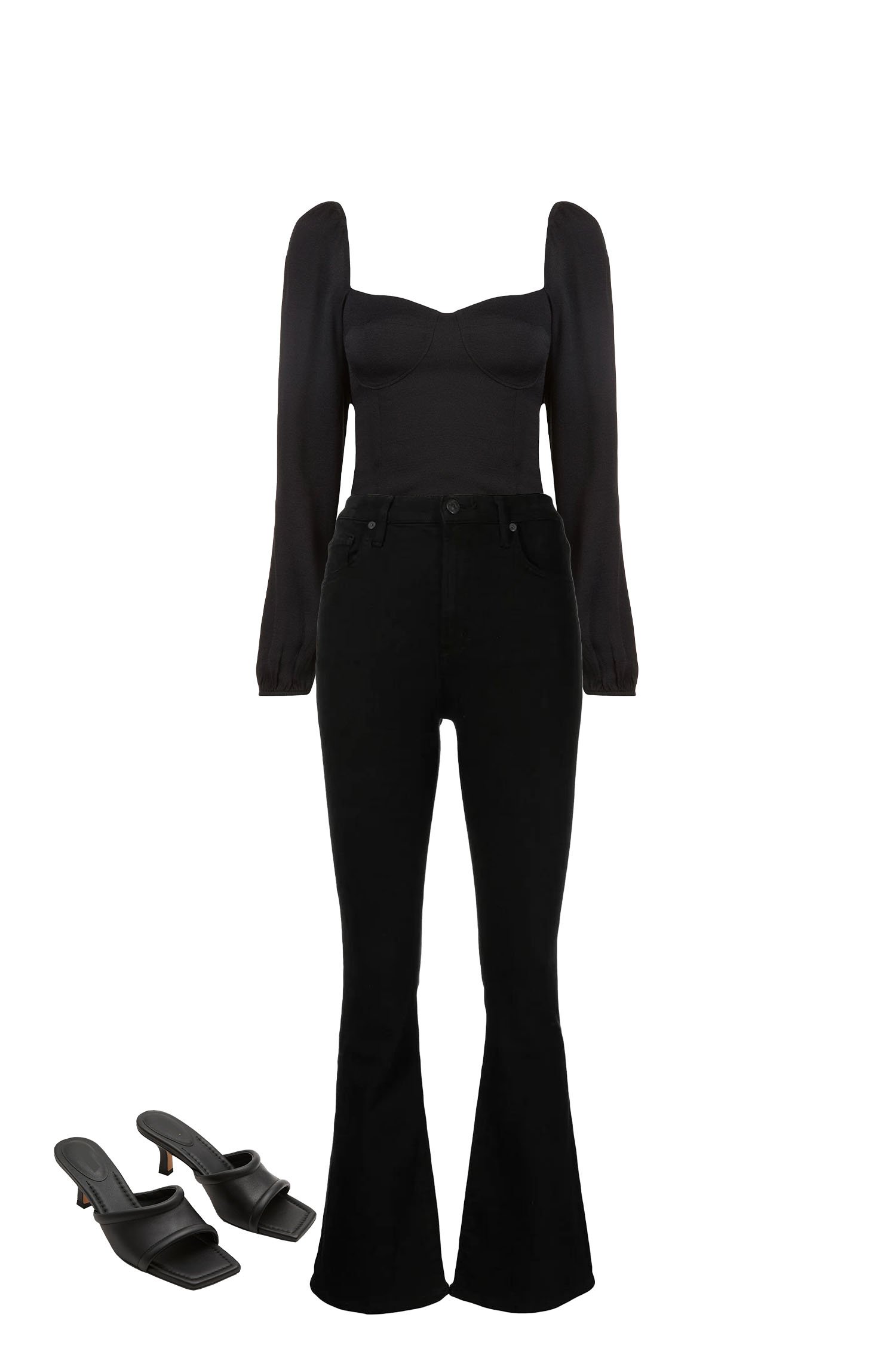 Pair Black Flare Jeans with a Sweetheart Neckline Blouse, and Black Square-Toe Sandals