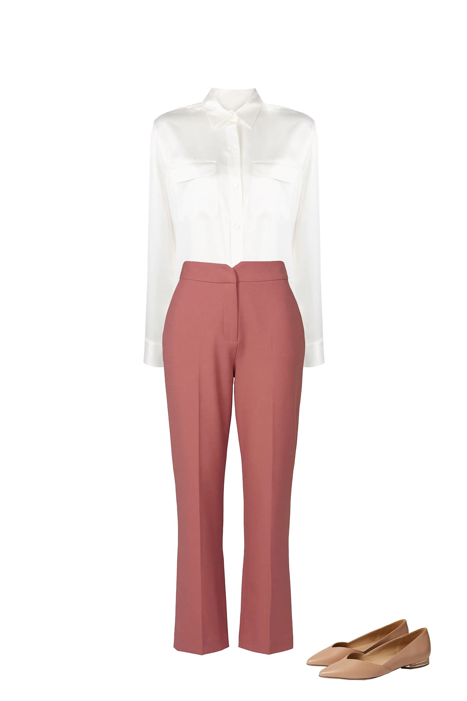Rose Pink Ankle Pants with White Satin Shirt and Nude Pointy Toe Flats