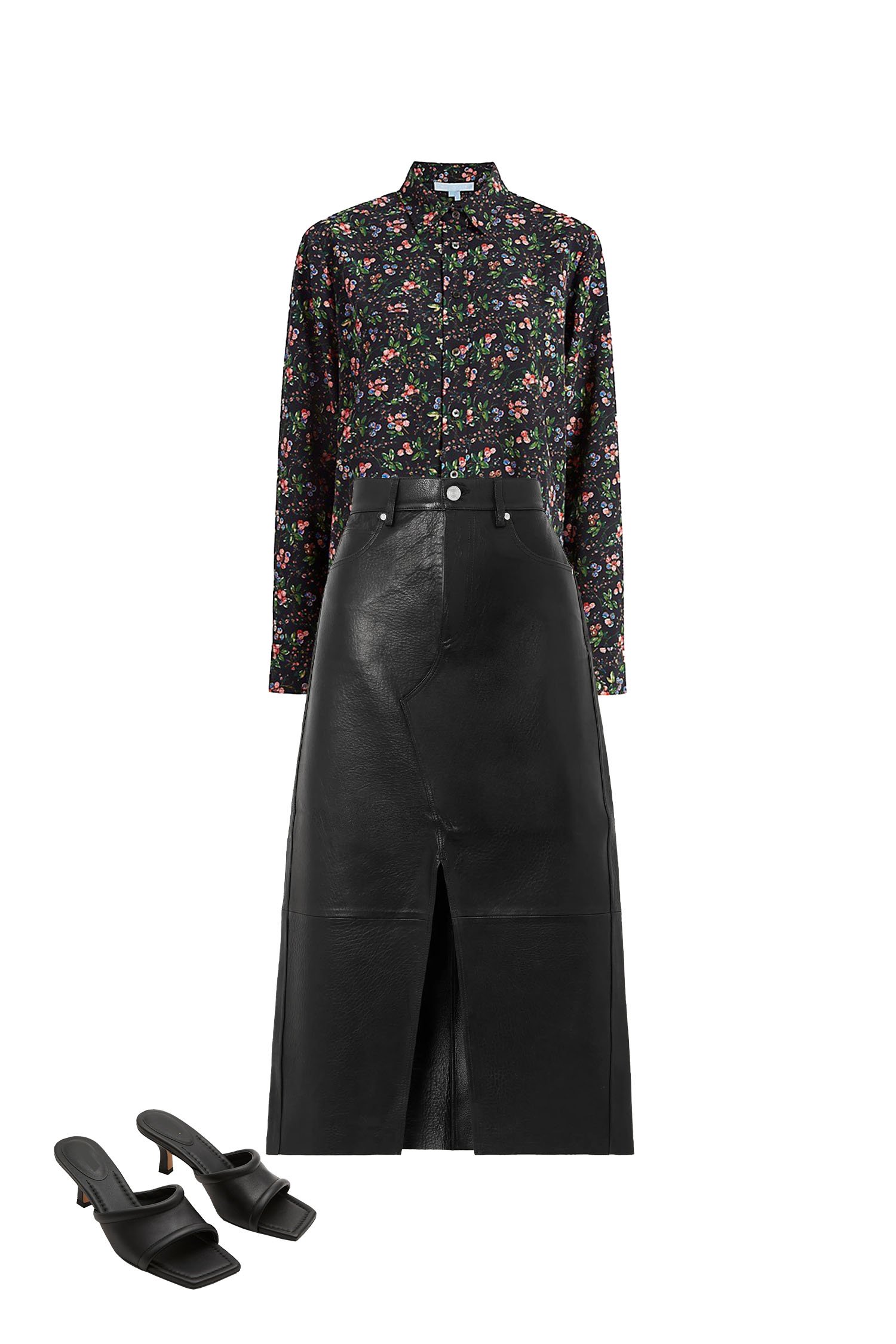Black Leather Midi Skirt Outfit with Black Floral Print Shirt, and Black Square Toe Kitten Heel Sandals