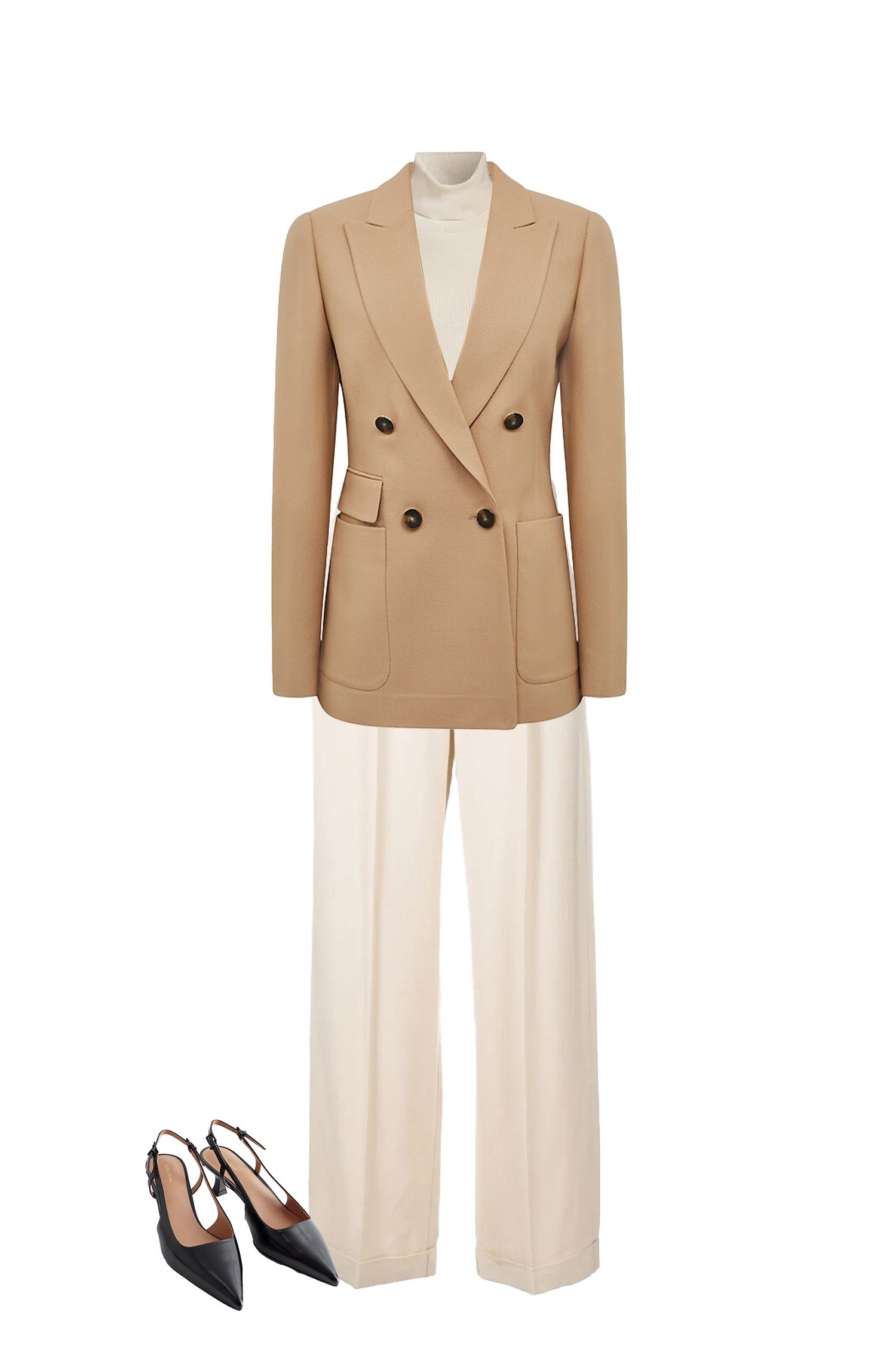 Business Casual Outfit - Cream Wide Leg High-Waisted Pants, Cream Turtleneck Top, Camel Blazer, Black Pointy Toe Sling Backs
