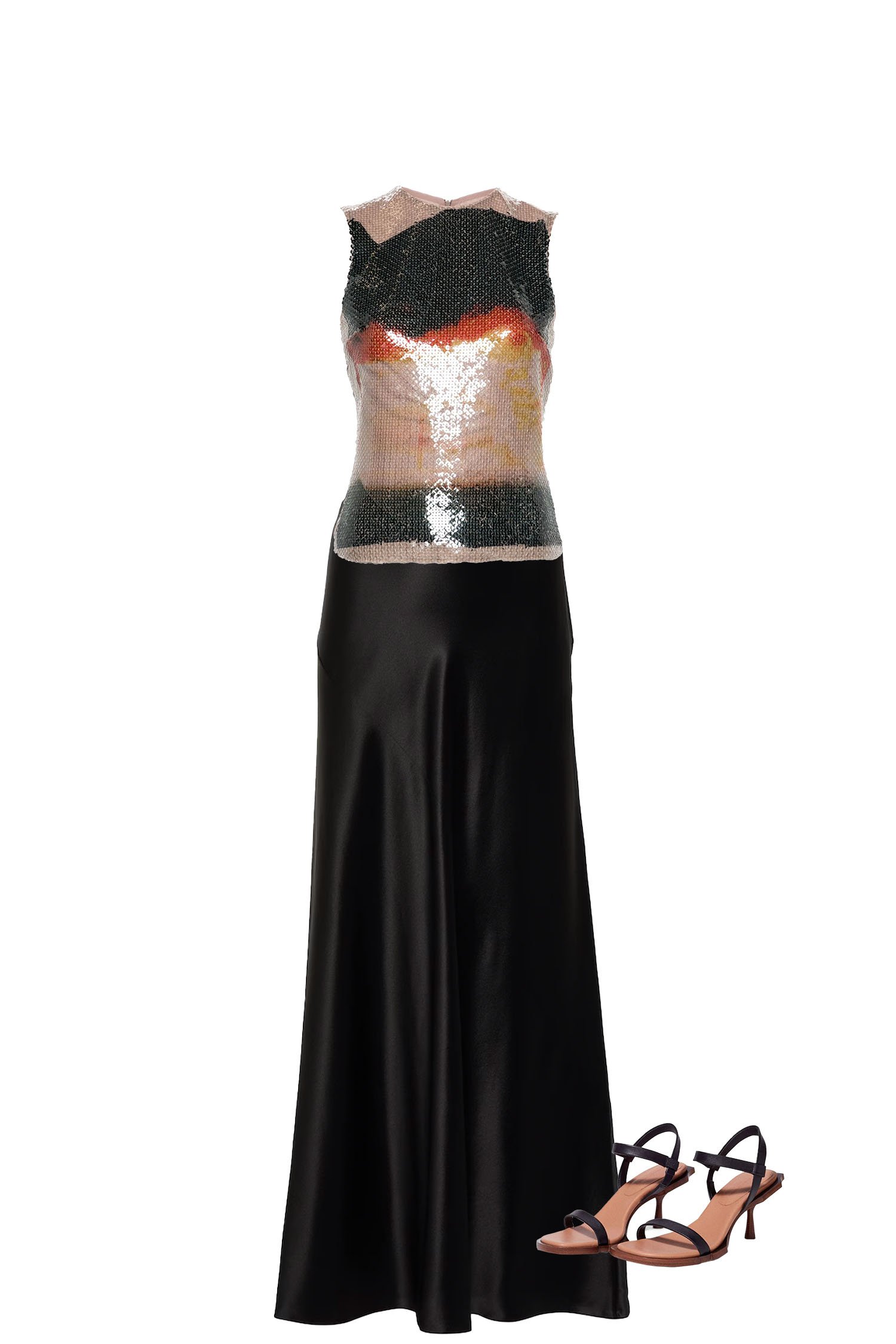 Black Satin Maxi Skirt Outfit with Taupe and Black Sleeveless Sequin Top, and Black Heeled Sandals