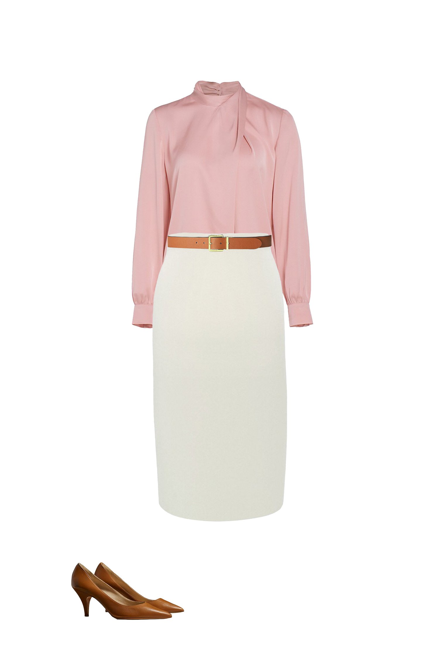 White Pencil Skirt with Pink Satin Blouse with Brown Belt and Brown Pumps