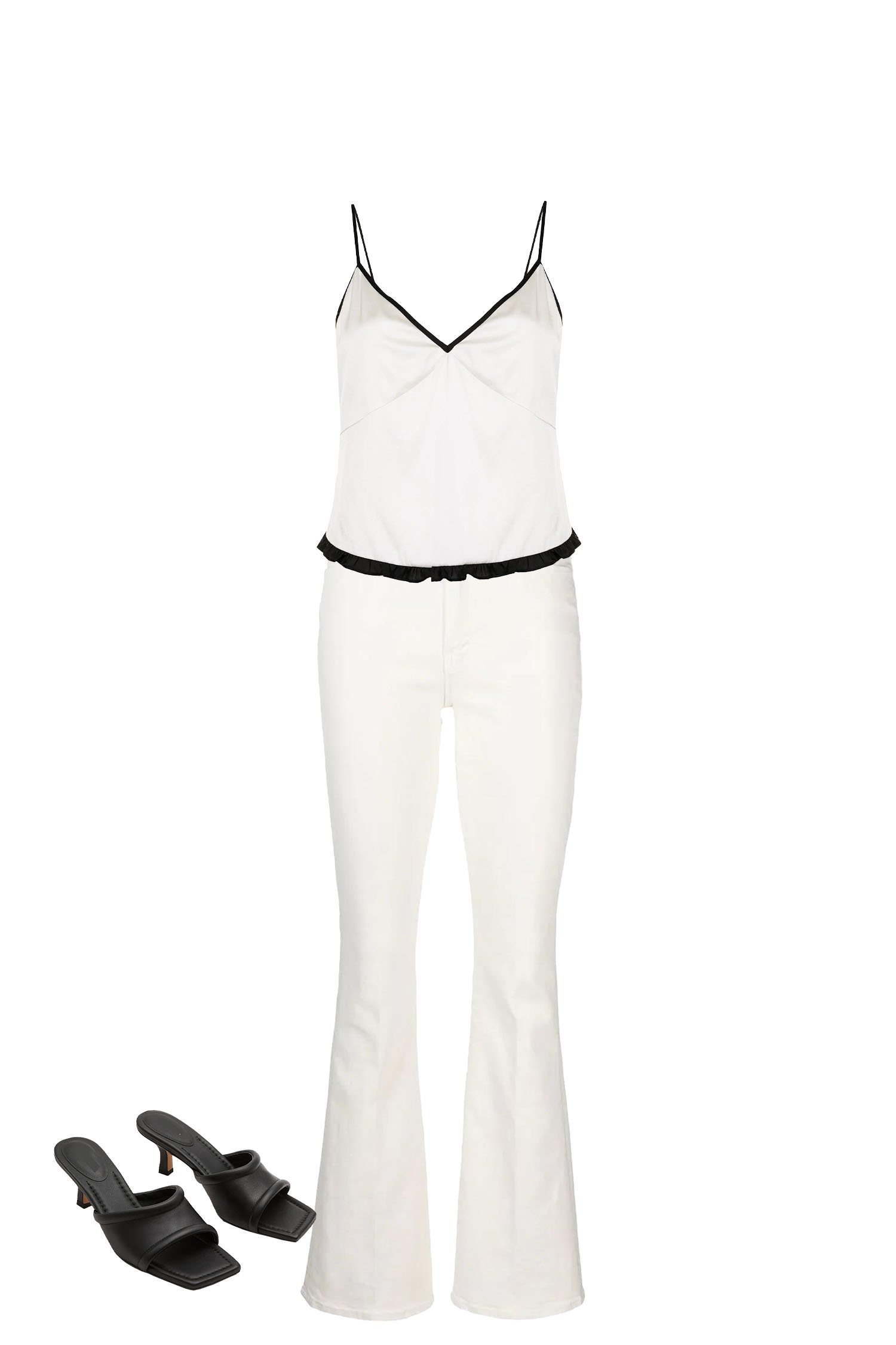 White High Waisted Flare Jeans Outfit with a White Camisole and Black Square-Toe Kitten Sandals
