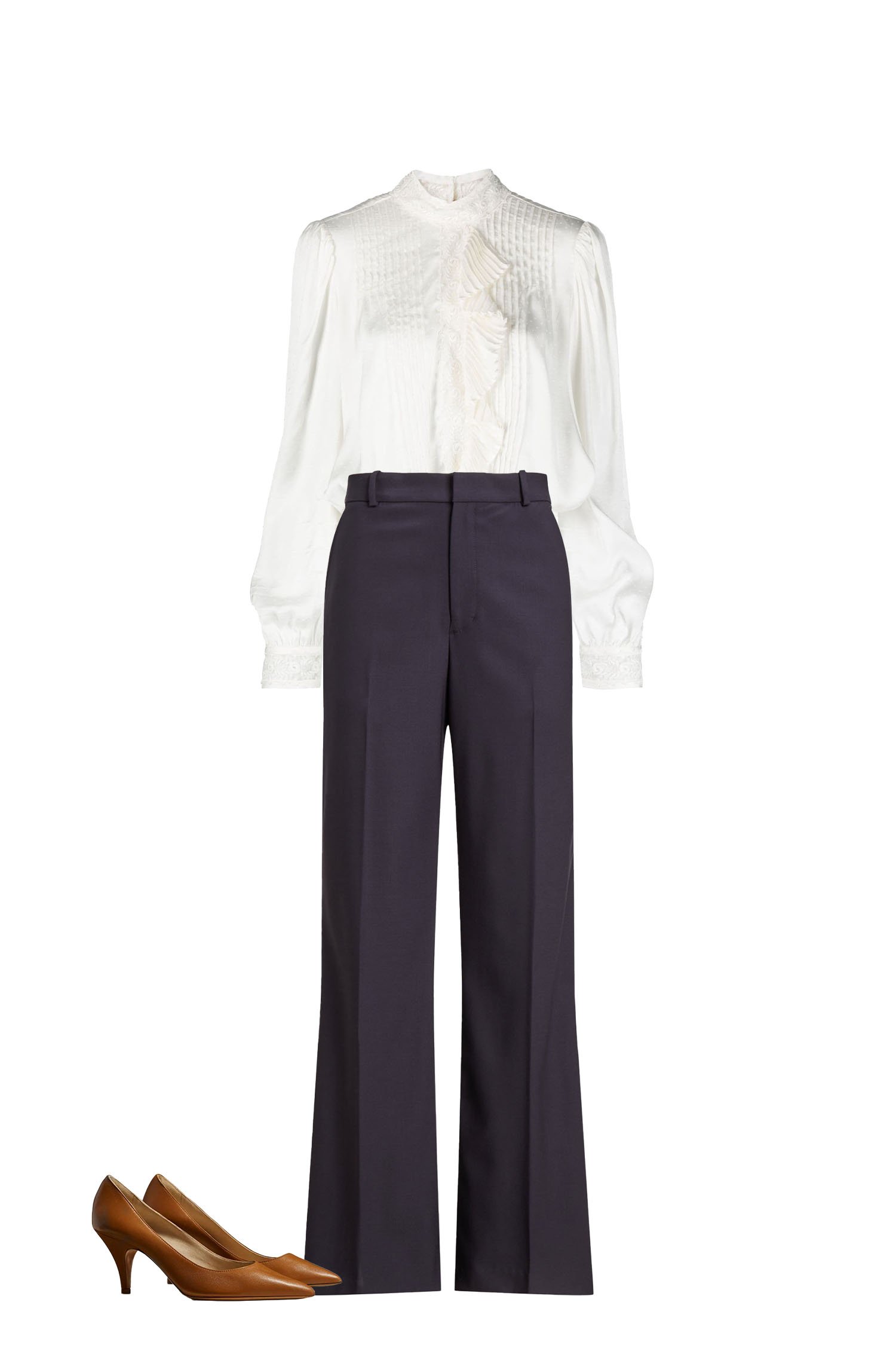 Spring Office Outfit - High-Waisted Wide-Leg Navy Pants, White Ruffle and Lace Blouse, Brown Pumps