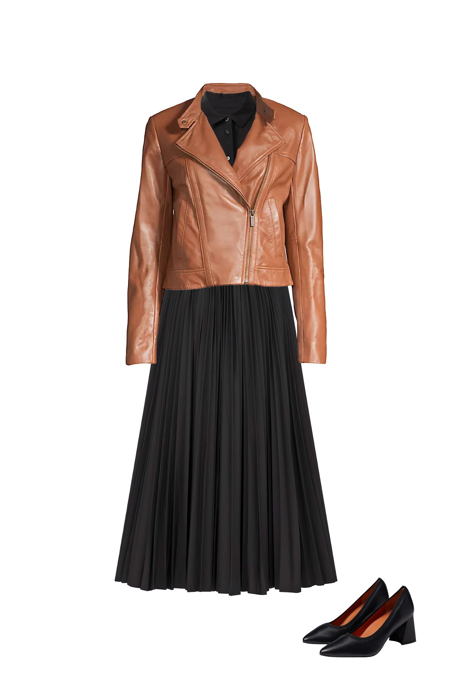 Black Pleated Skirt Outfit with Black Silk Shirt, Camel Brown Leather Jacket and Black Block Heel Pumps