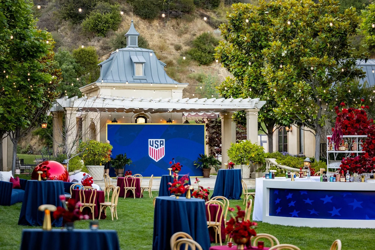Outdoor dinner set up in a garden