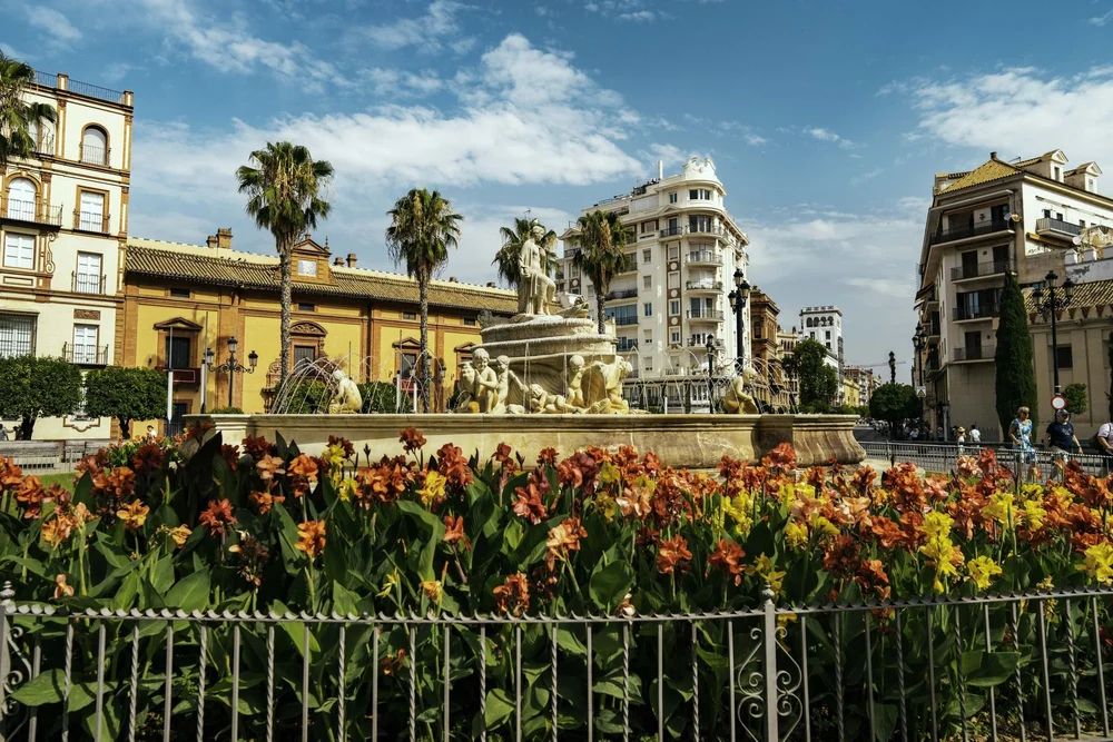 Seville city square with flowers