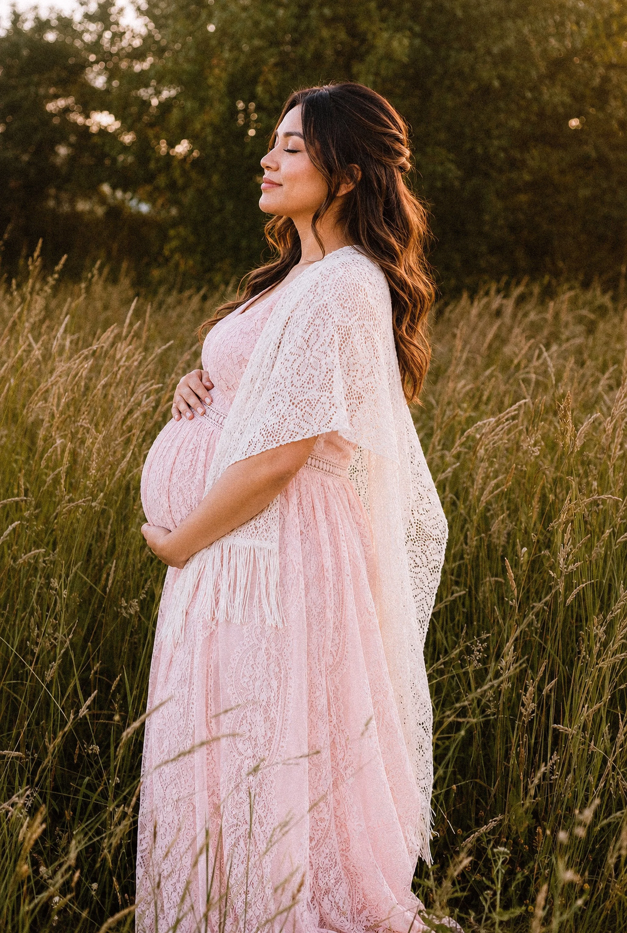 The Roseveil Gown, soft blush lace maternity gown