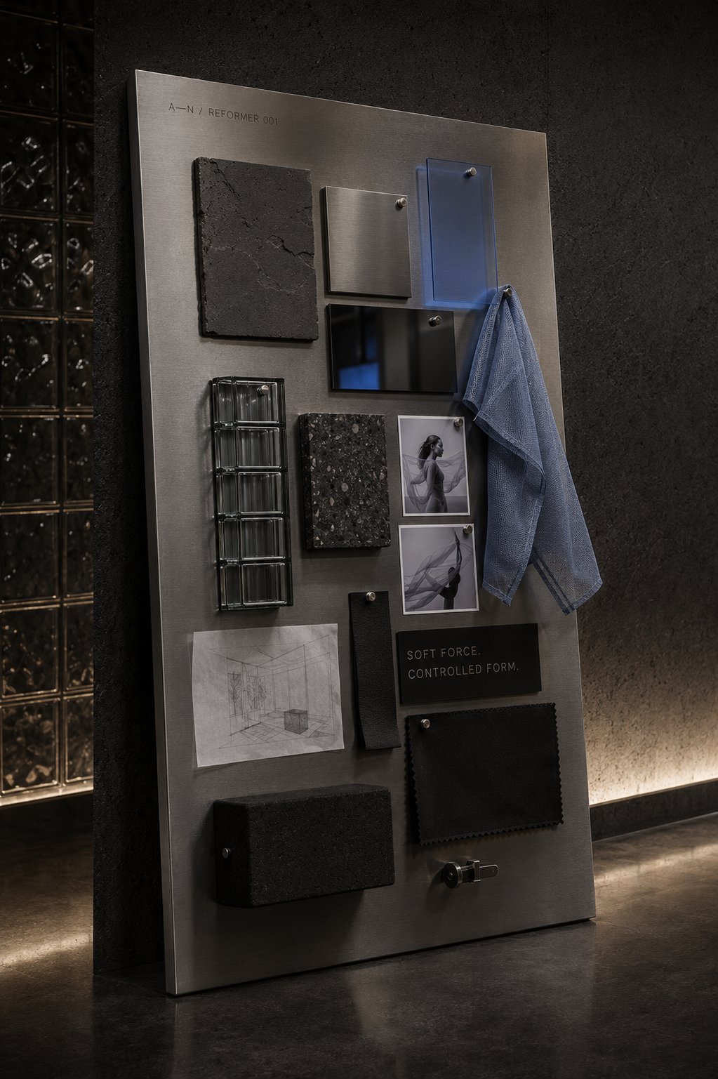 Upright brushed stainless steel board displaying dark mineral samples, smoky glass block, black surfaces and cornflower fabric.