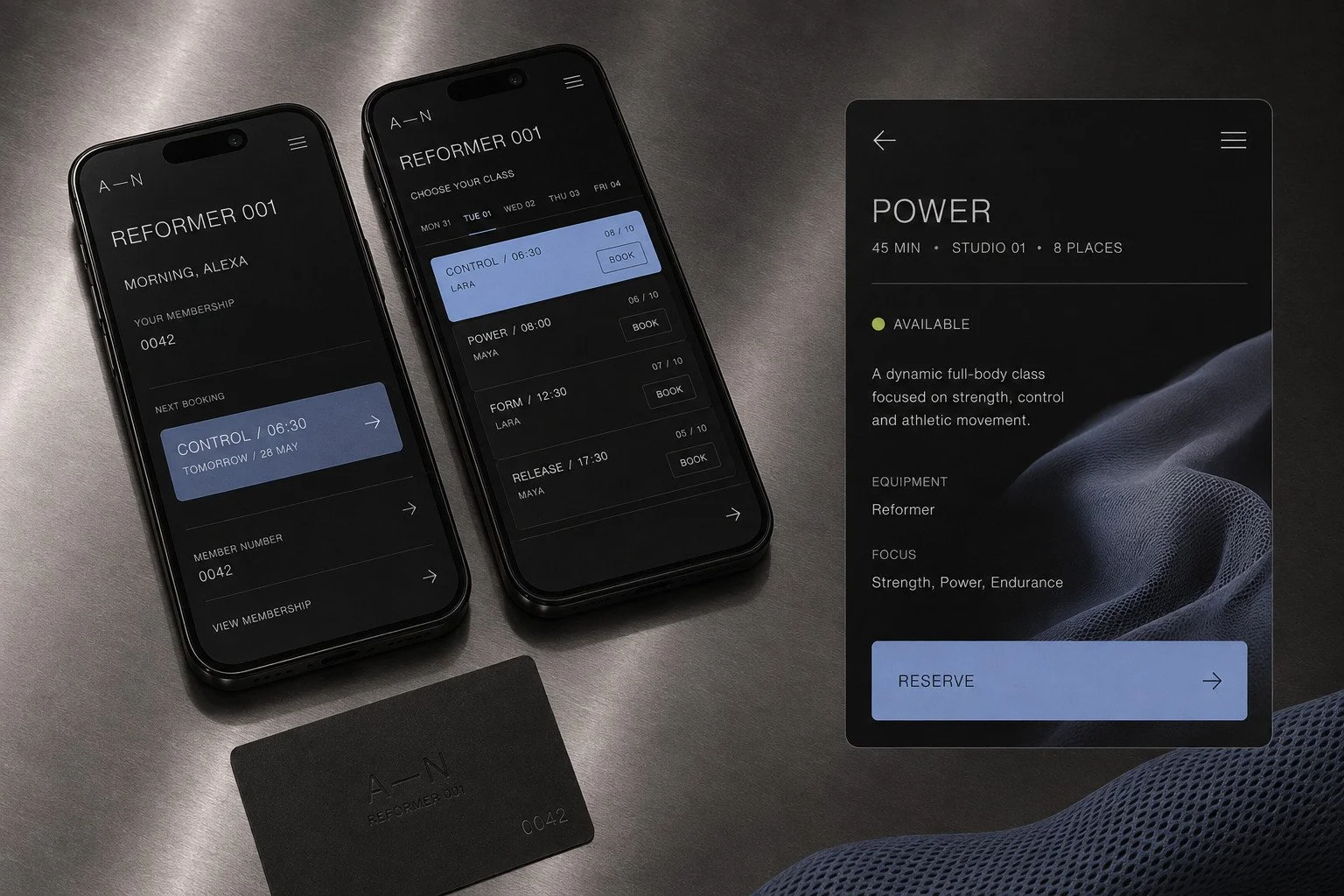 Concept booking app shown on two phones beside a dark class information card.
