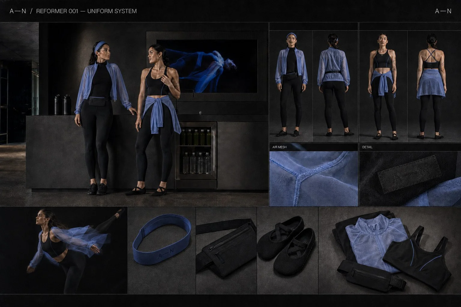 Cornflower and black staff wardrobe with coordinated accessories and material details.