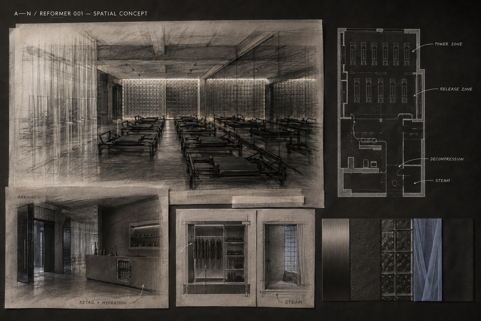 Graphite concept sketches of the reformer studio, stainless reception, retail and steam threshold, with handwritten annotations.