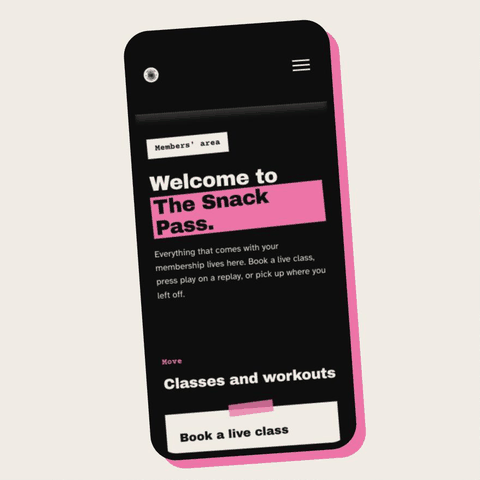Scrolling through The Snack Pass members' area and class replay library on a phone.