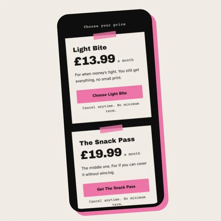 The Snack Pass pricing page on a phone, showing the Light Bite and The Snack Pass monthly prices.