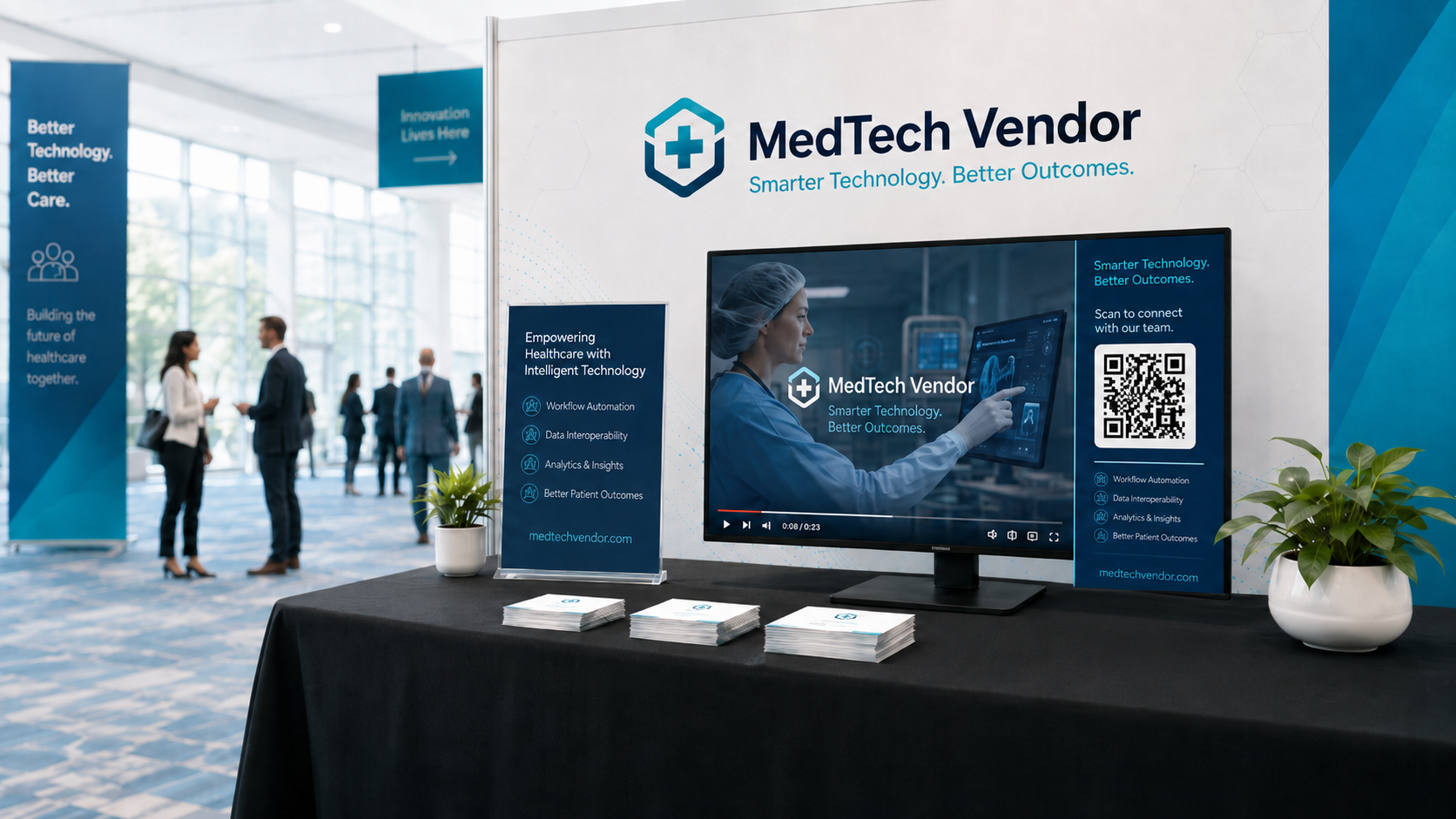Conference booth with DripTV-style screen display and QR code sidebar