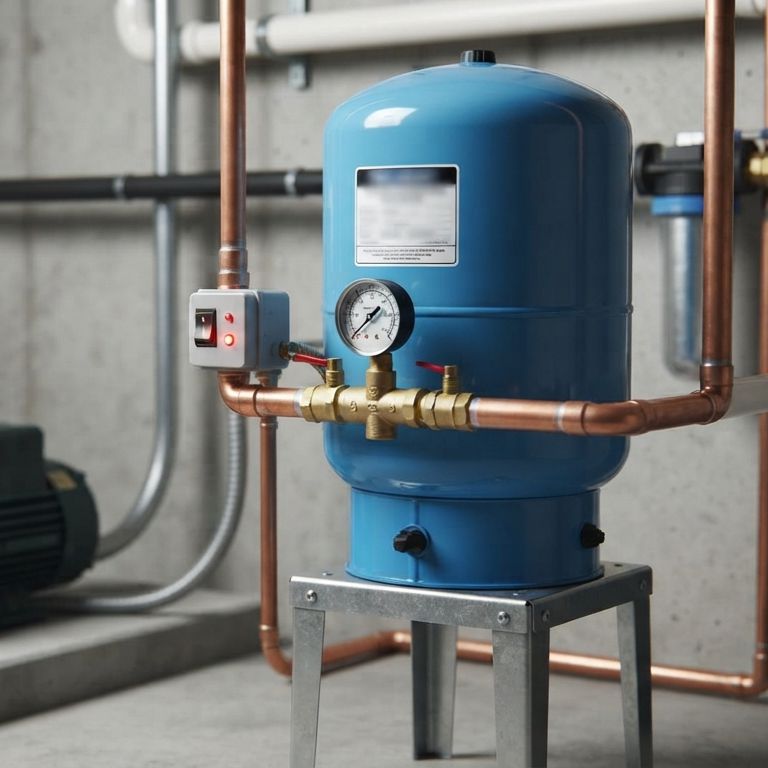 submersible well pump next to waterlogged pressure tank