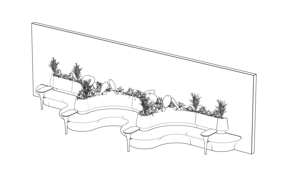 Line drawing: serpentine wall banquette changing to a bar-height counter with stools