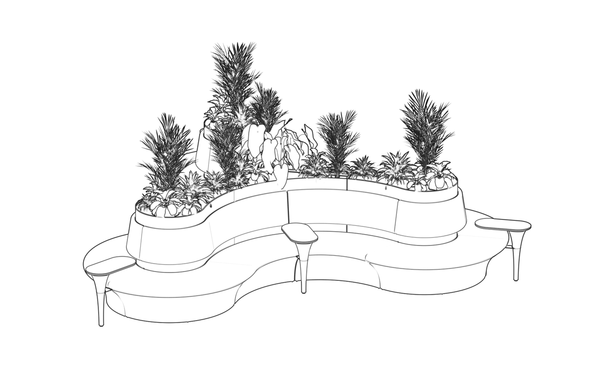 Line drawing: serpentine lounge around a planter changing to a counter with stools