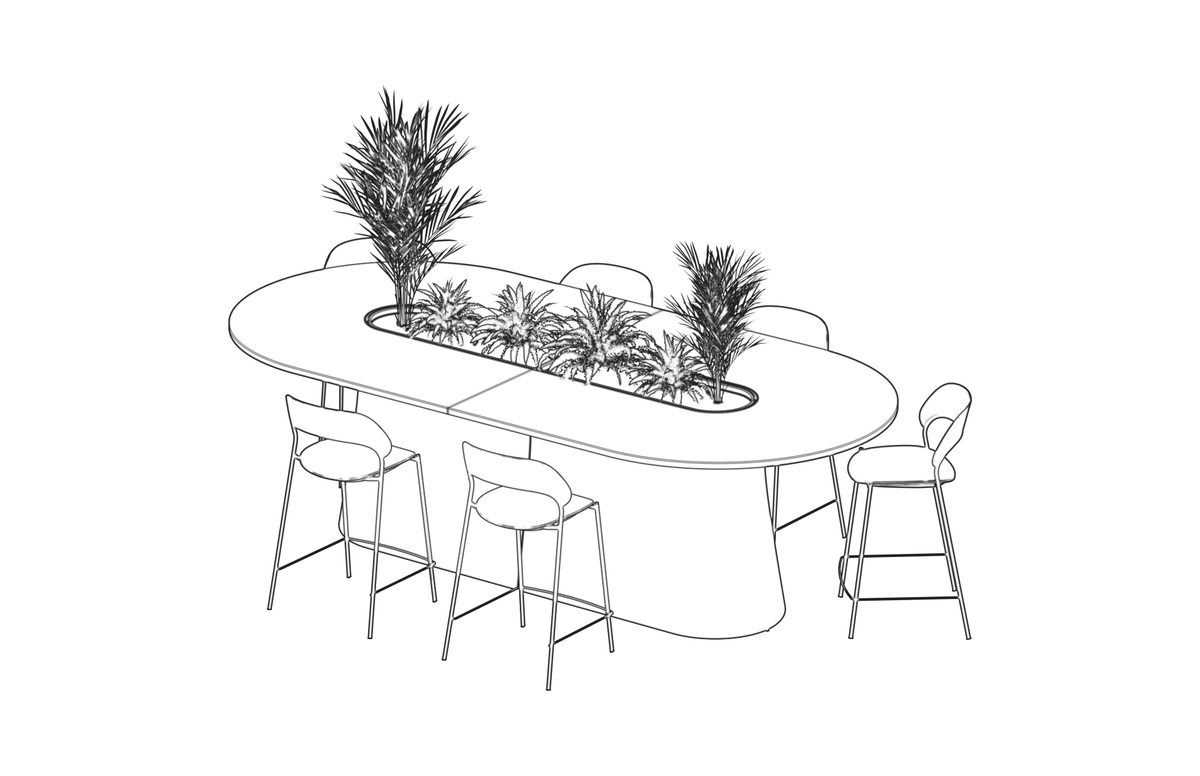 Line drawing: planter island changing between a bar-height table and back-to-back lounge seating