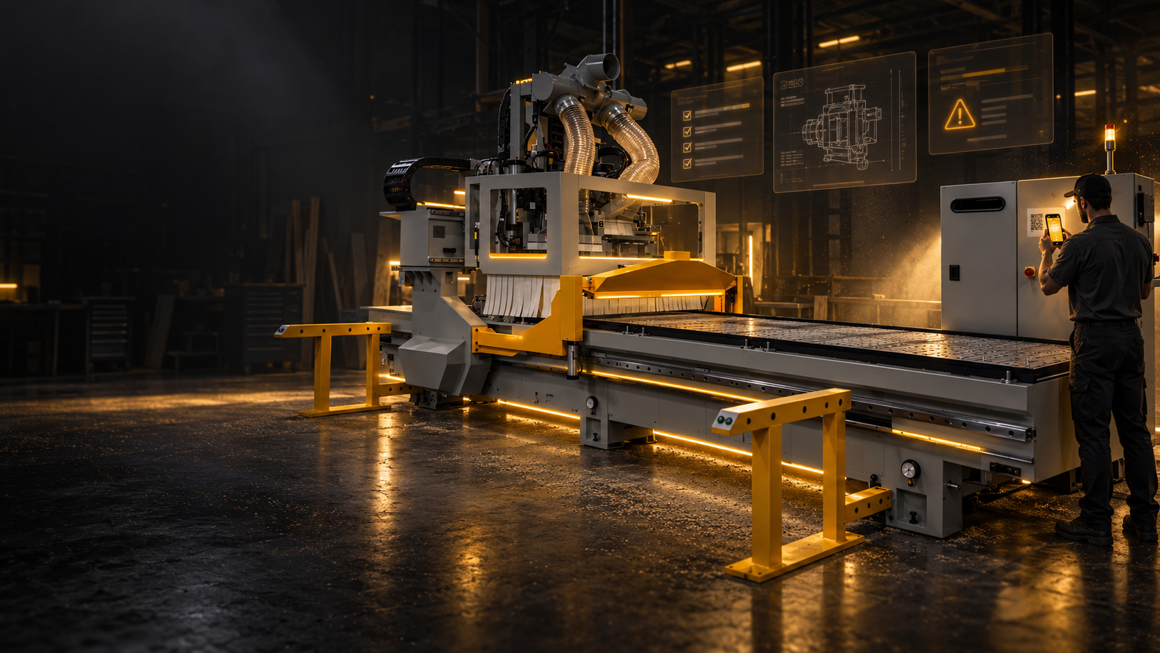 Operator scanning a QR code on an Anderson America CNC machine to open the Knowledge Center