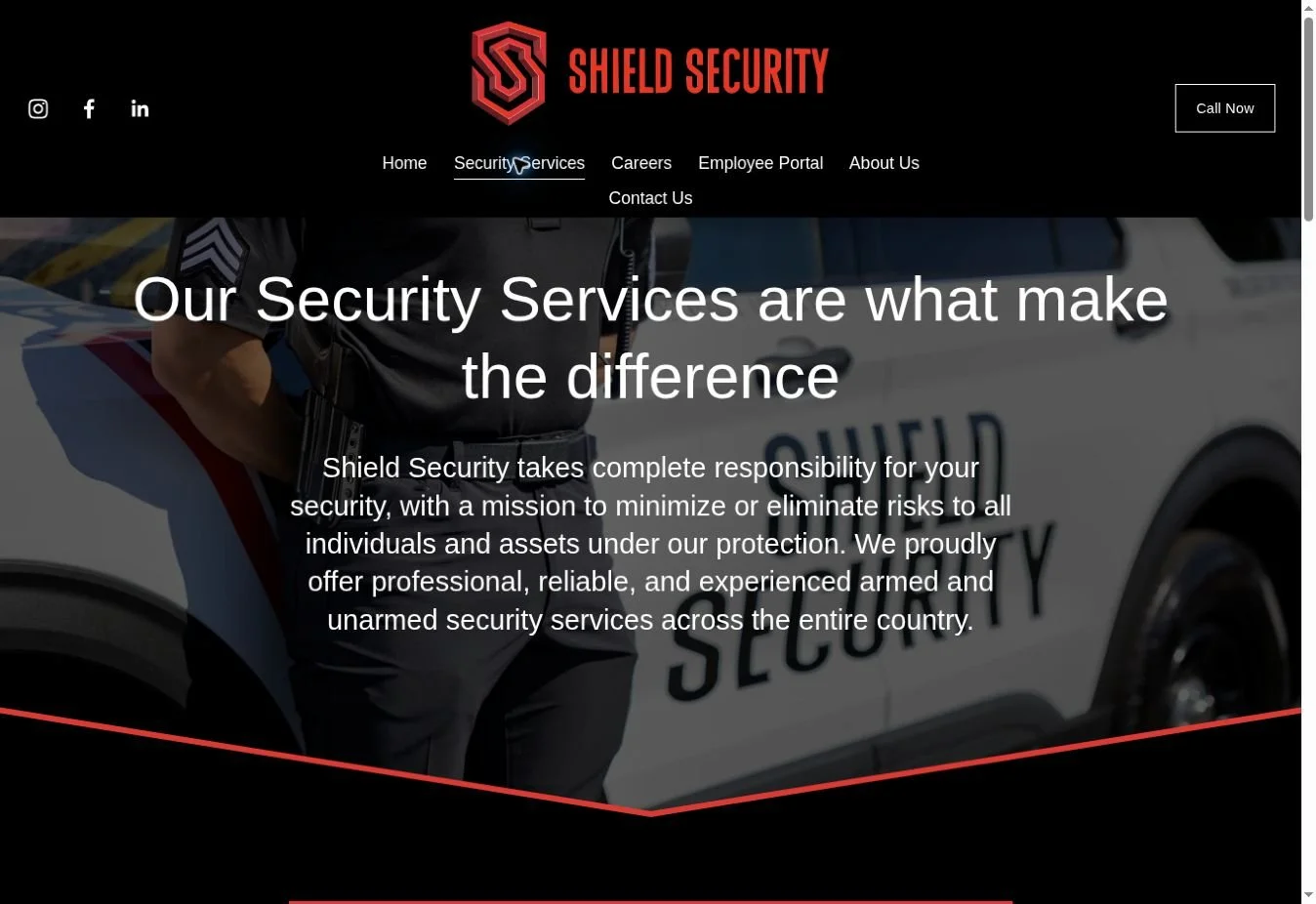 Shield Security website Services page, designed by Precise Promotions, showing its red and black branding and security services introduction