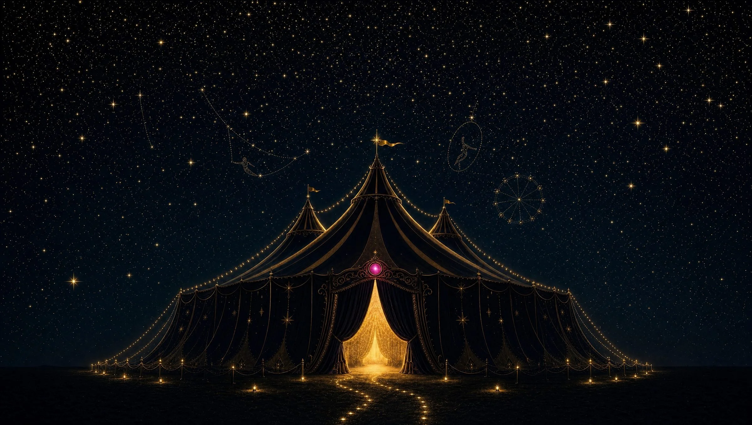 A dark circus tent under a dense gold starfield, its doorway glowing warm, a dotted path of lanterns leading inside