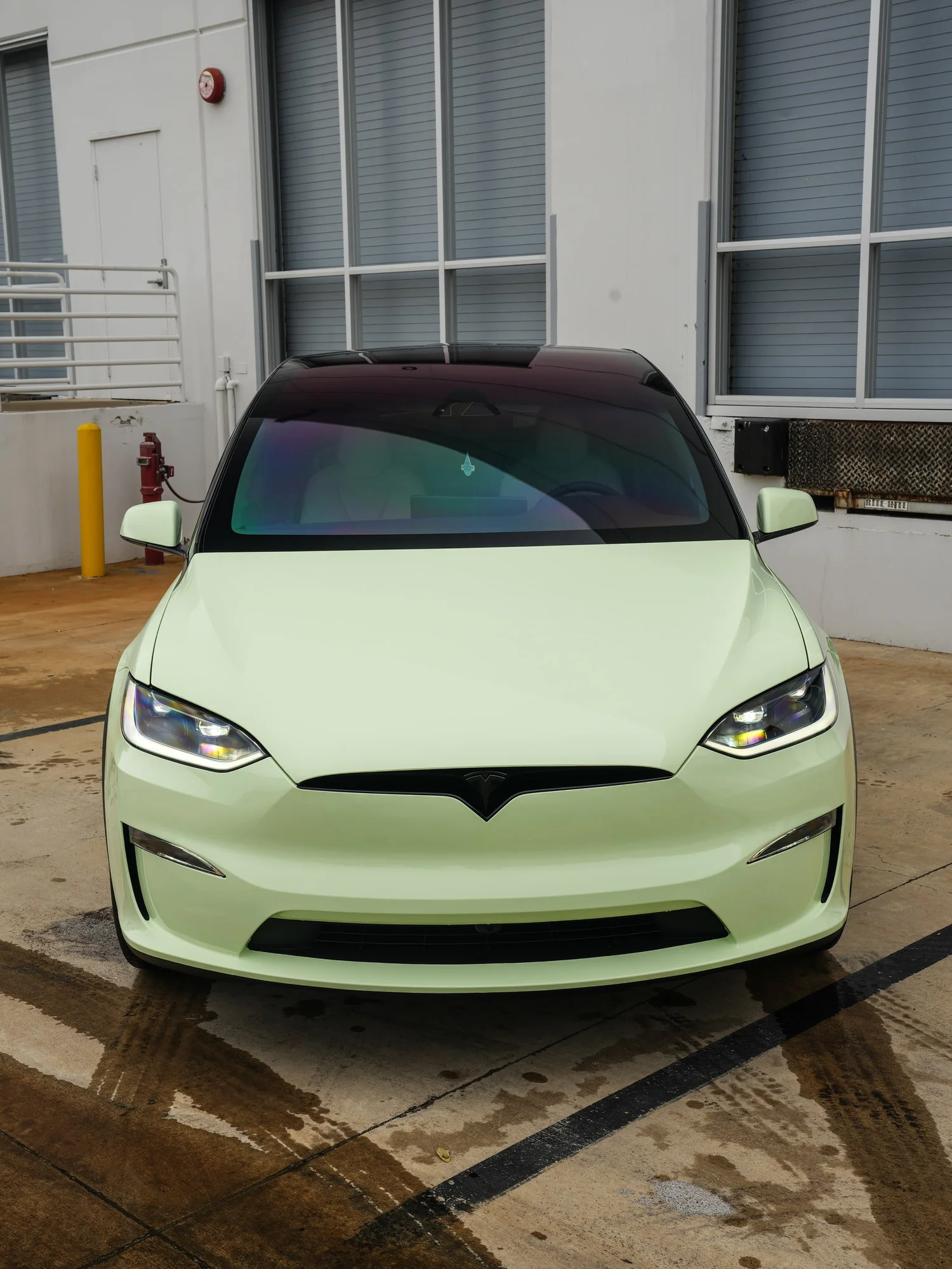 Tesla Model X Avocado Green after Vinyl Wrap, direct front view