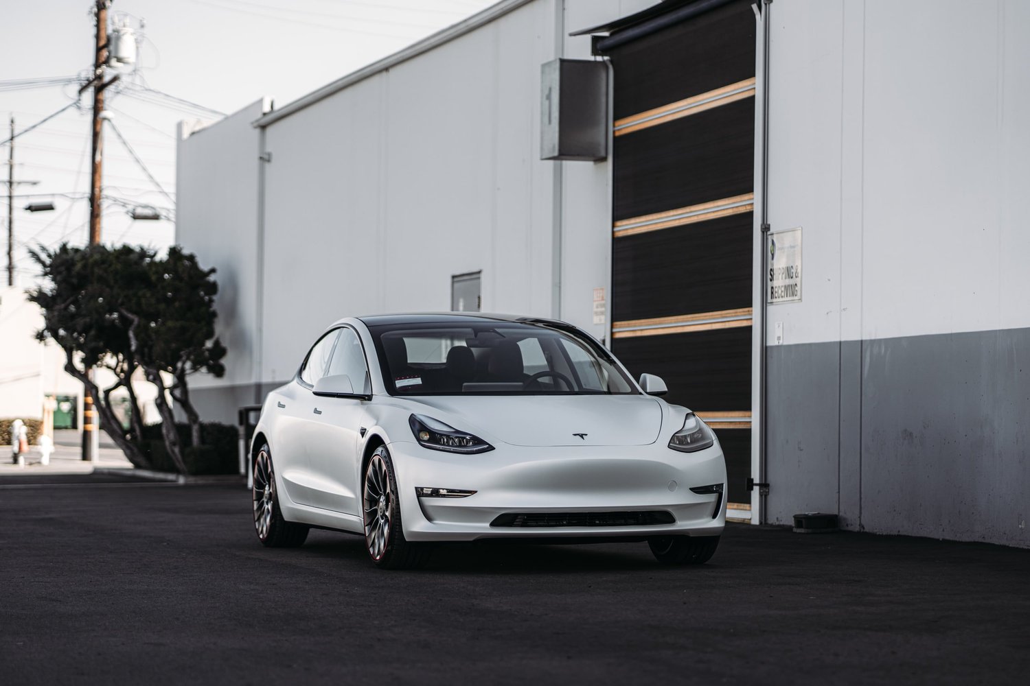Tesla Model 3 3M 2080 Satin Pearl White after Vinyl Wrap, front-right three-quarter view
