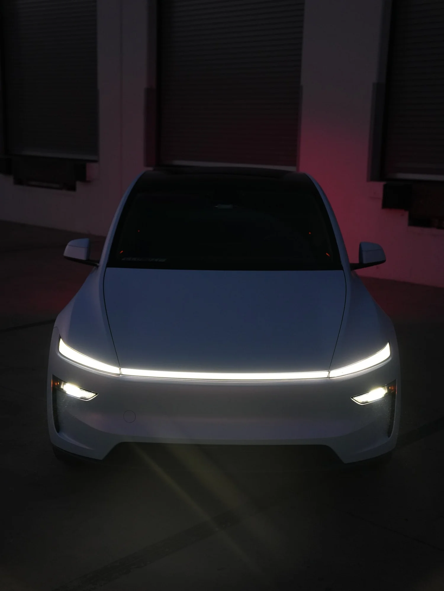 Tesla Model Y Color-Shifting White-to-Blue after Vinyl Wrap, direct front view